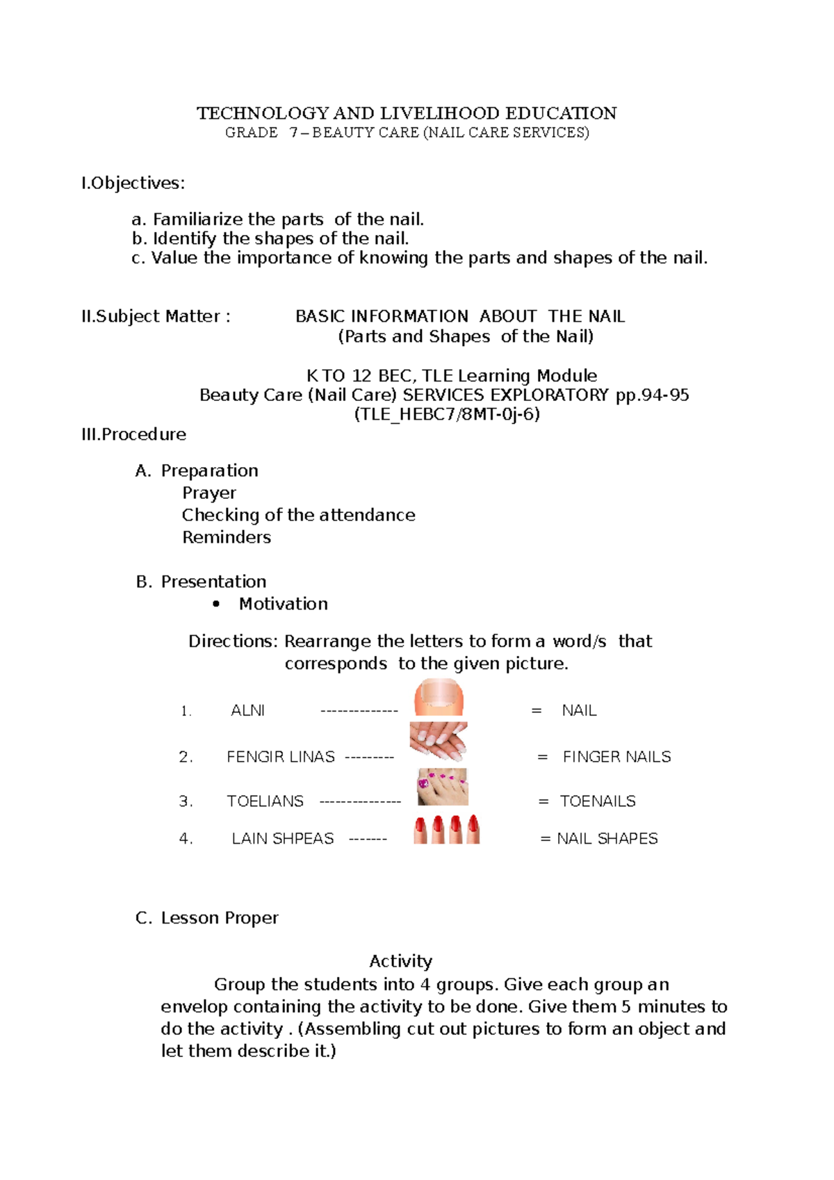 TLE_HEBC7/8MT-0j-6 Grade 7 Nail Care Services Lesson Plan - Studocu