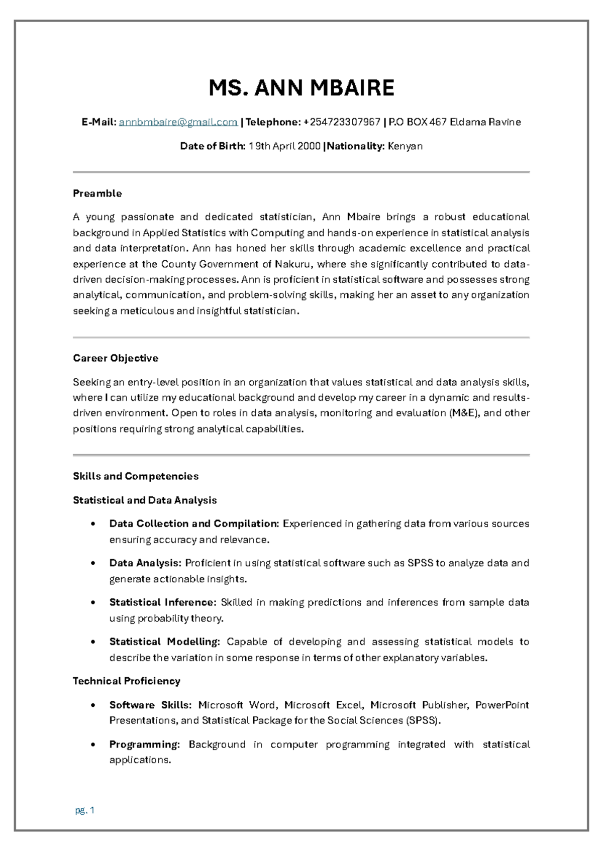 MS. ANN MBAIRE Resume for Entry-Level Statistician Position 2024 - Studocu