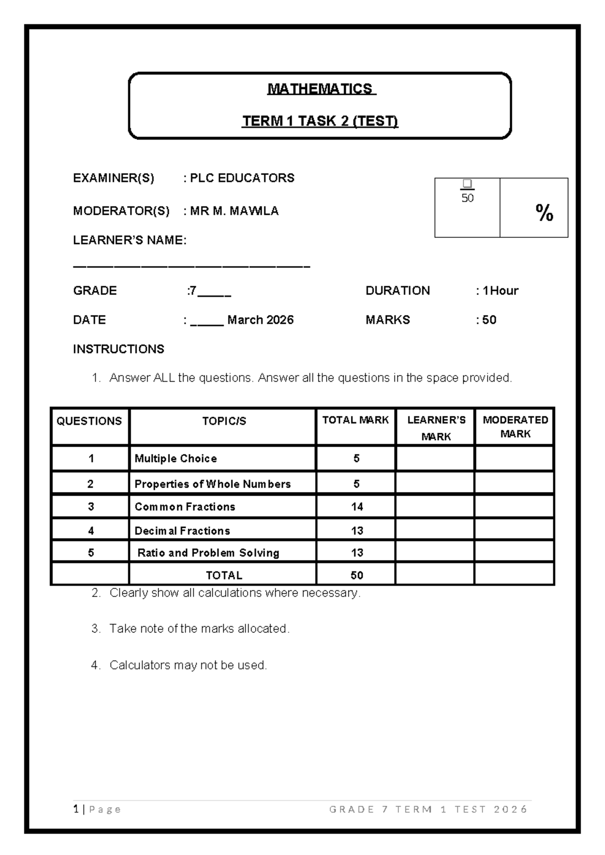 Grade 7 Mathematics Term 1 Test 2026 - PLC Educators - Studocu