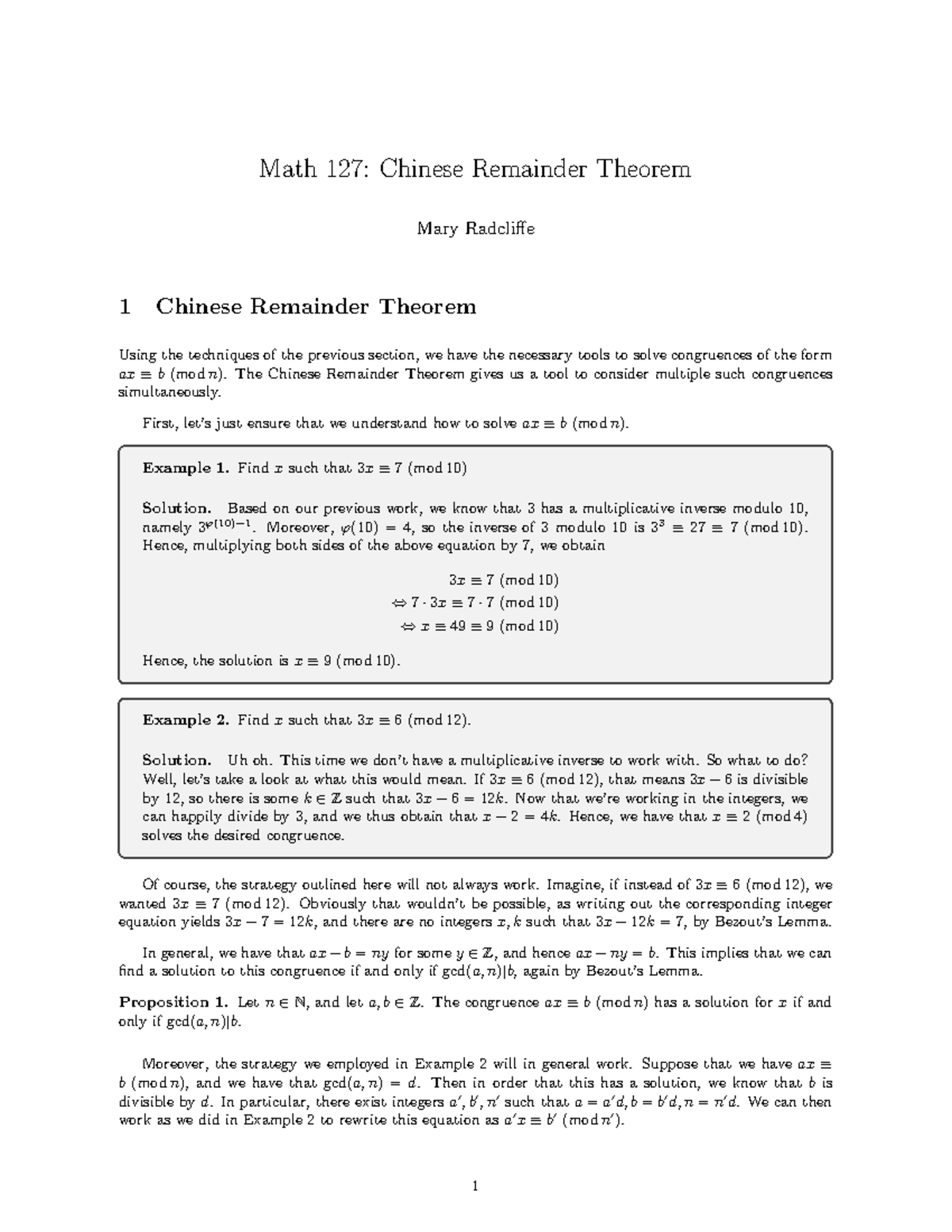 Math 127: Final Exam Notes on the Chinese Remainder Theorem - Studocu