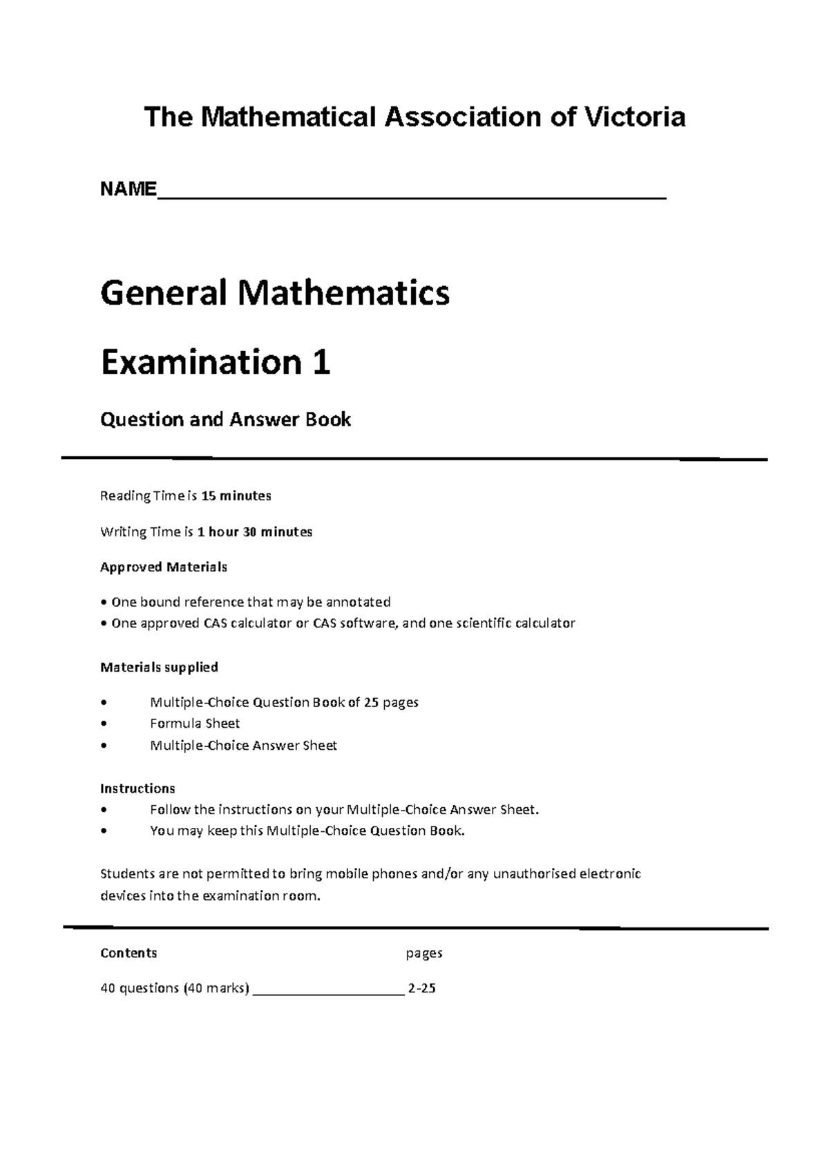 2026 MAV General Mathematics Exam 1 - Questions & Answers - Studocu