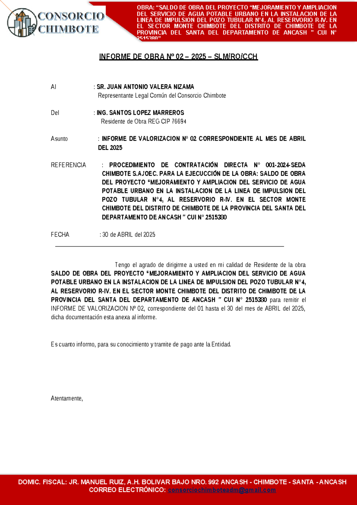 Informe de Valorización N° 02 - Proyecto Agua Potable Urbano - Abr 2025 - Document Preview