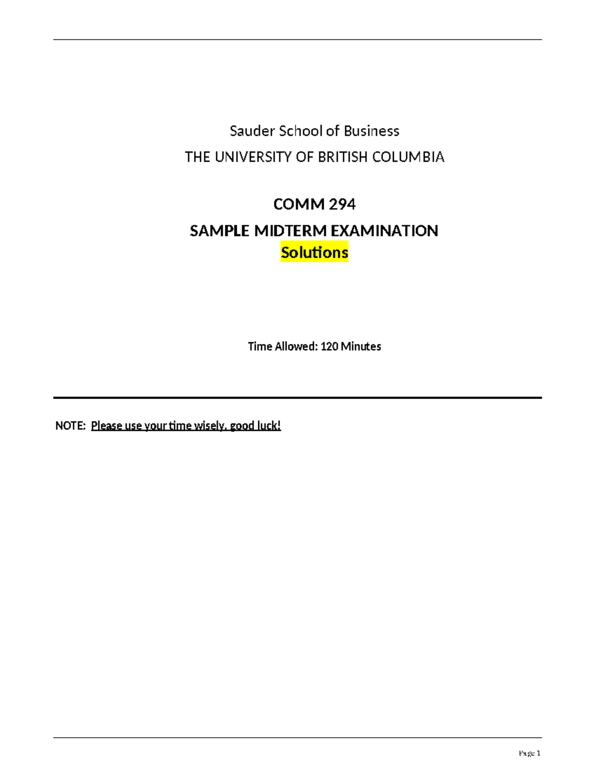 COMM 294 Sample Midterm Exam Solutions and Analysis - Studocu