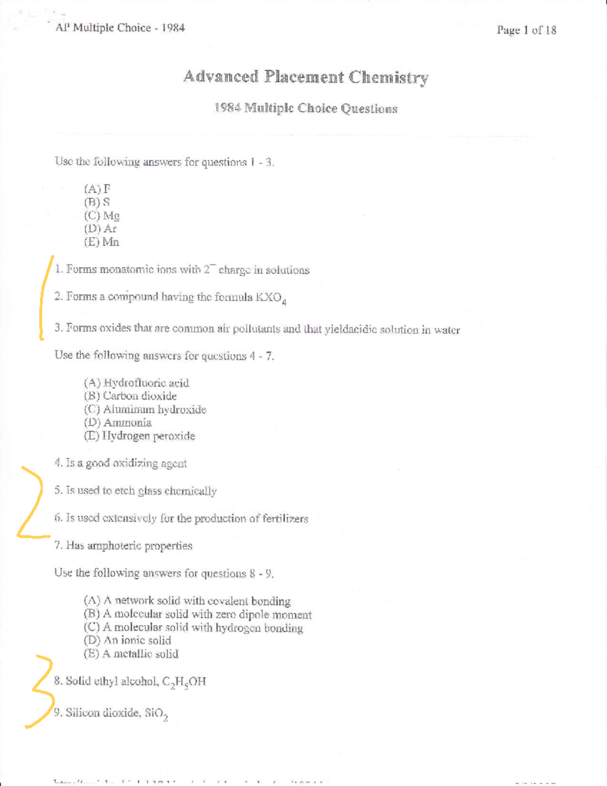 Chem 1984 - This is ap practice - AP Multiple Choice - 1984 ...