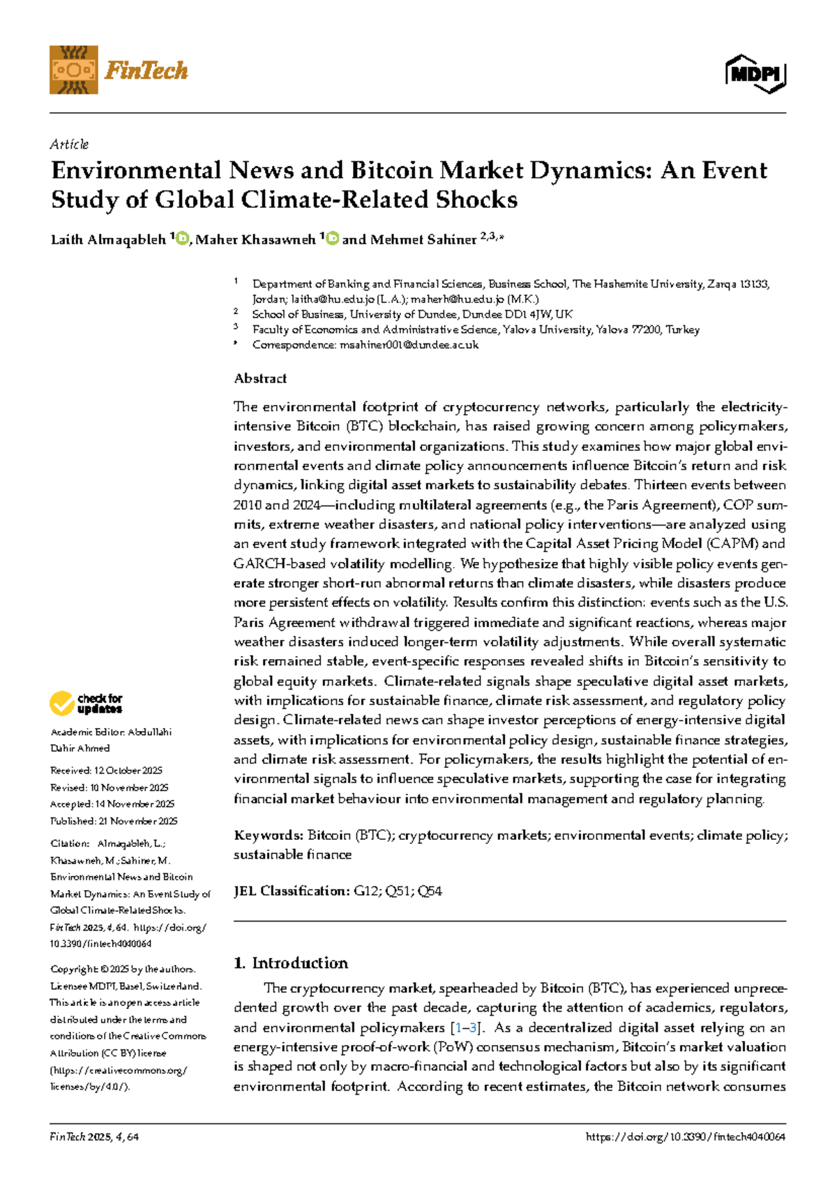 Environmental News and Bitcoin Market Dynamics: An Event Study (FinTech  2025) - Studocu