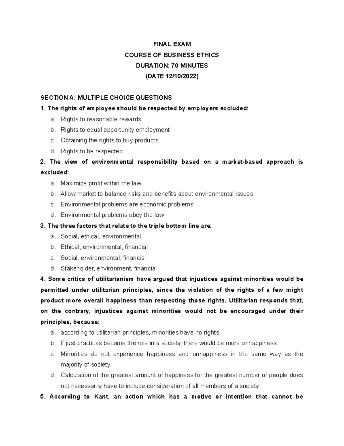 Final Exam Business Ethics - Comprehensive Review Questions - Studocu