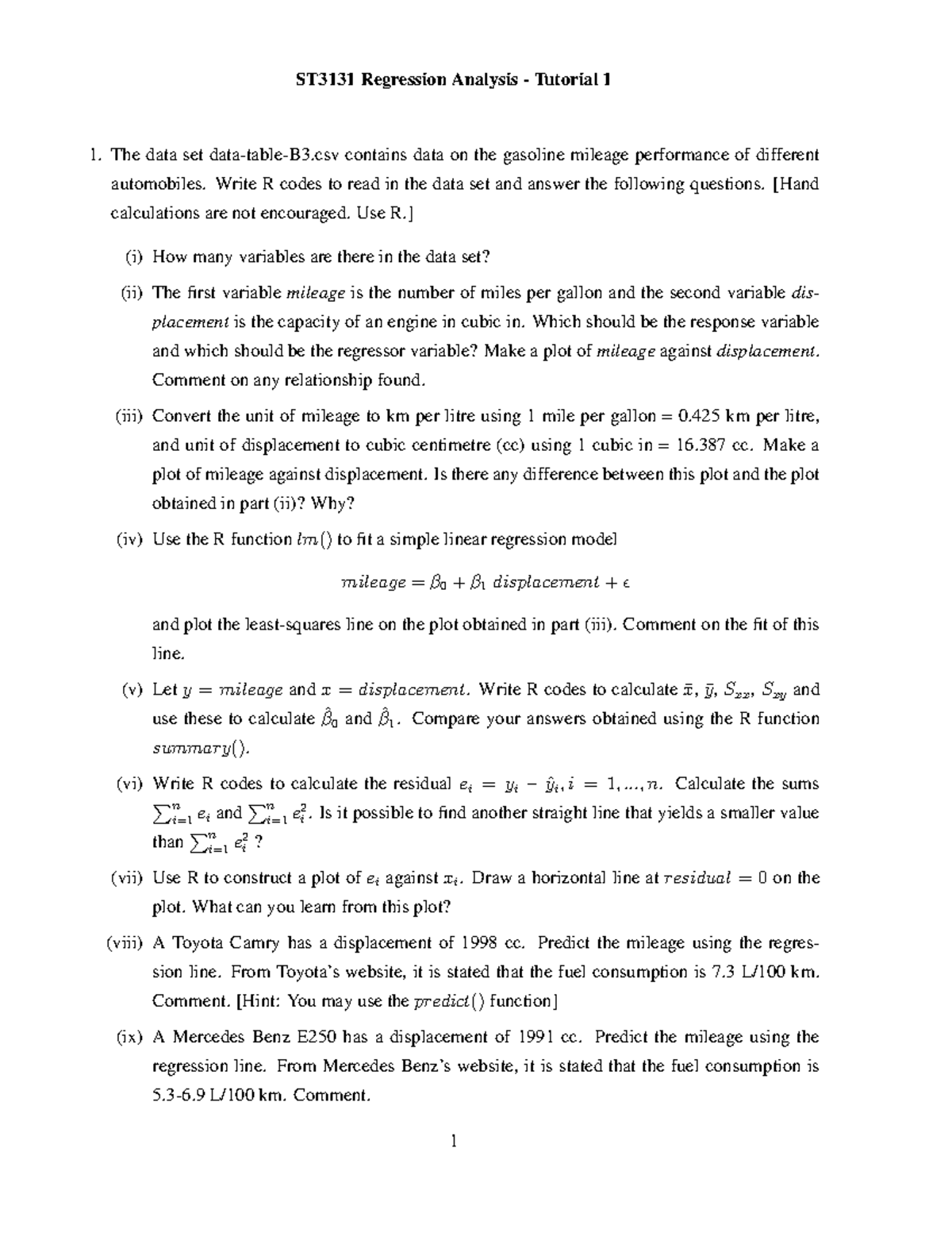 Tutorial 1 ST3131 - ST3131 Regression Analysis - Tutorial 1 The data ...