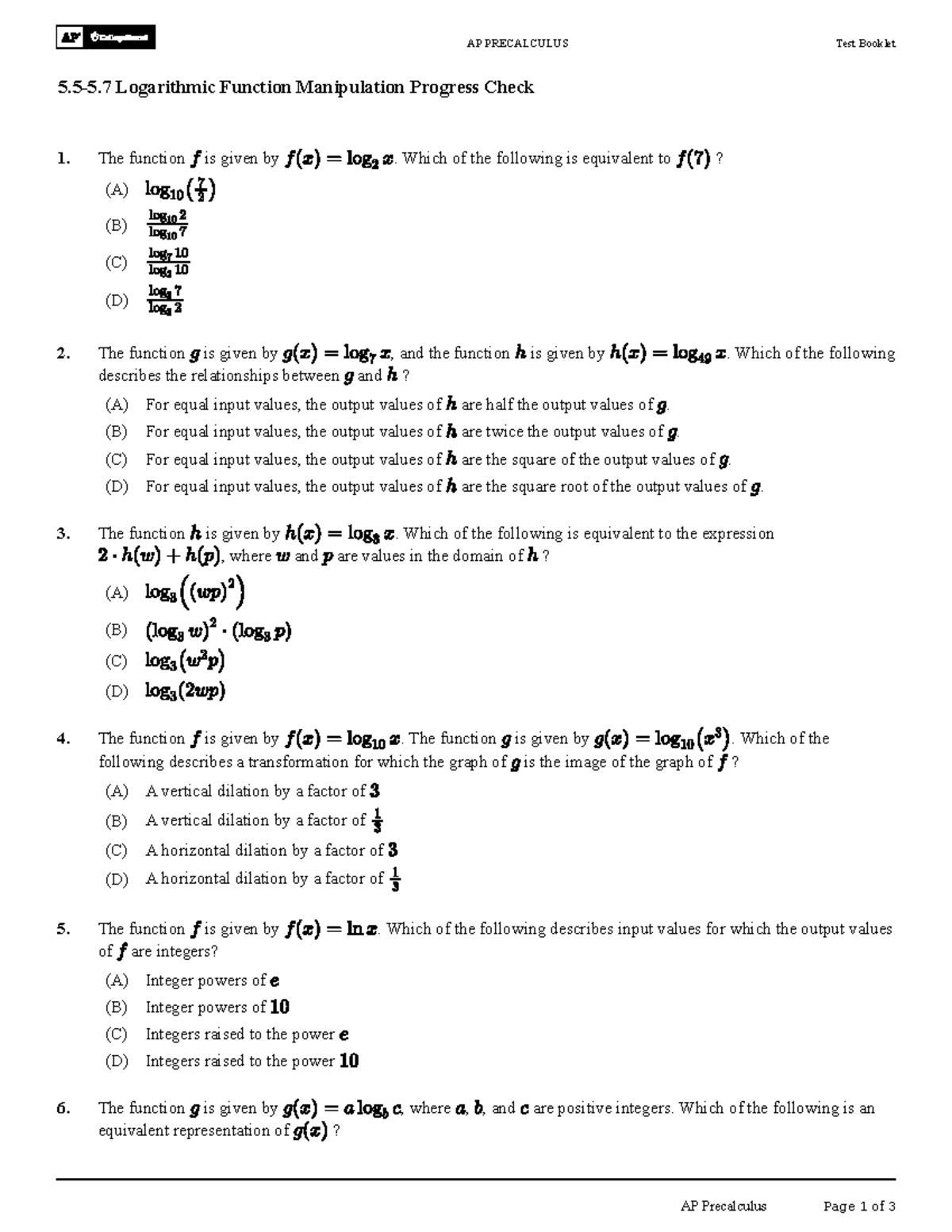 5.5-5.7 Logarithmic Function Manipulation - The function is given by ...
