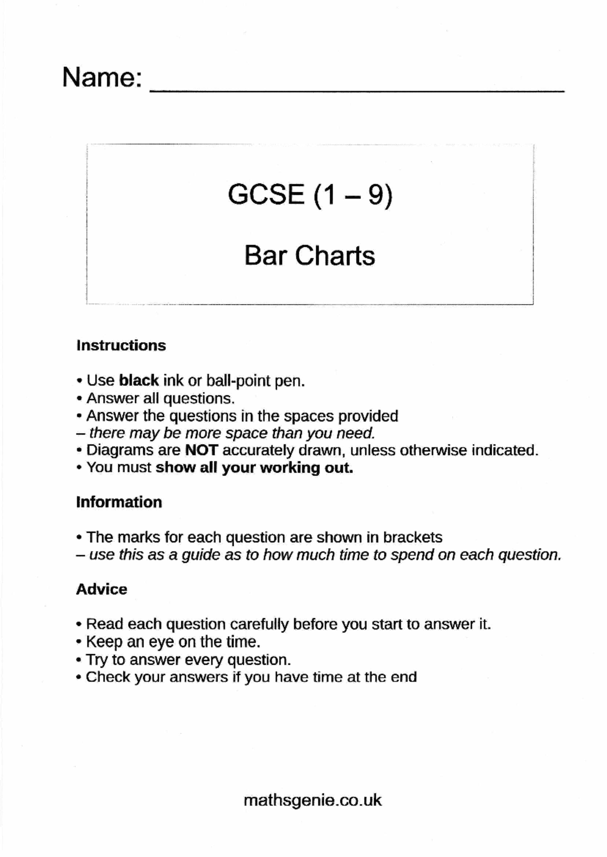 GCSE (1 9) Bar Charts Practice Sheets and Instructions - Studocu