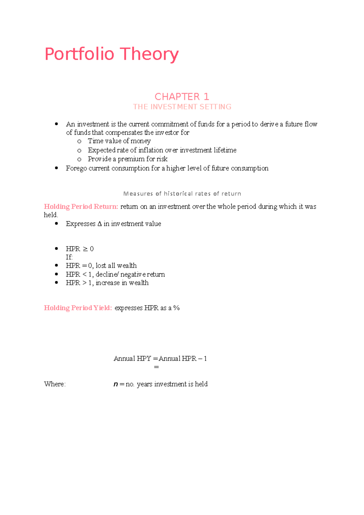 Investment Analysis & Portfolio Management: Chapter 1 Overview - Studocu