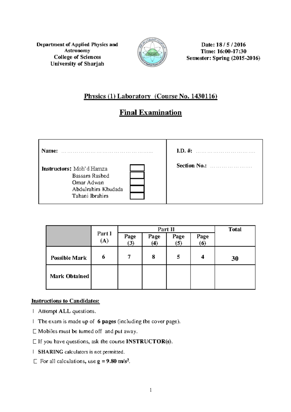 Physics (1) Lab 1430116 Final Exam Spring 2016 - Form A - Studocu