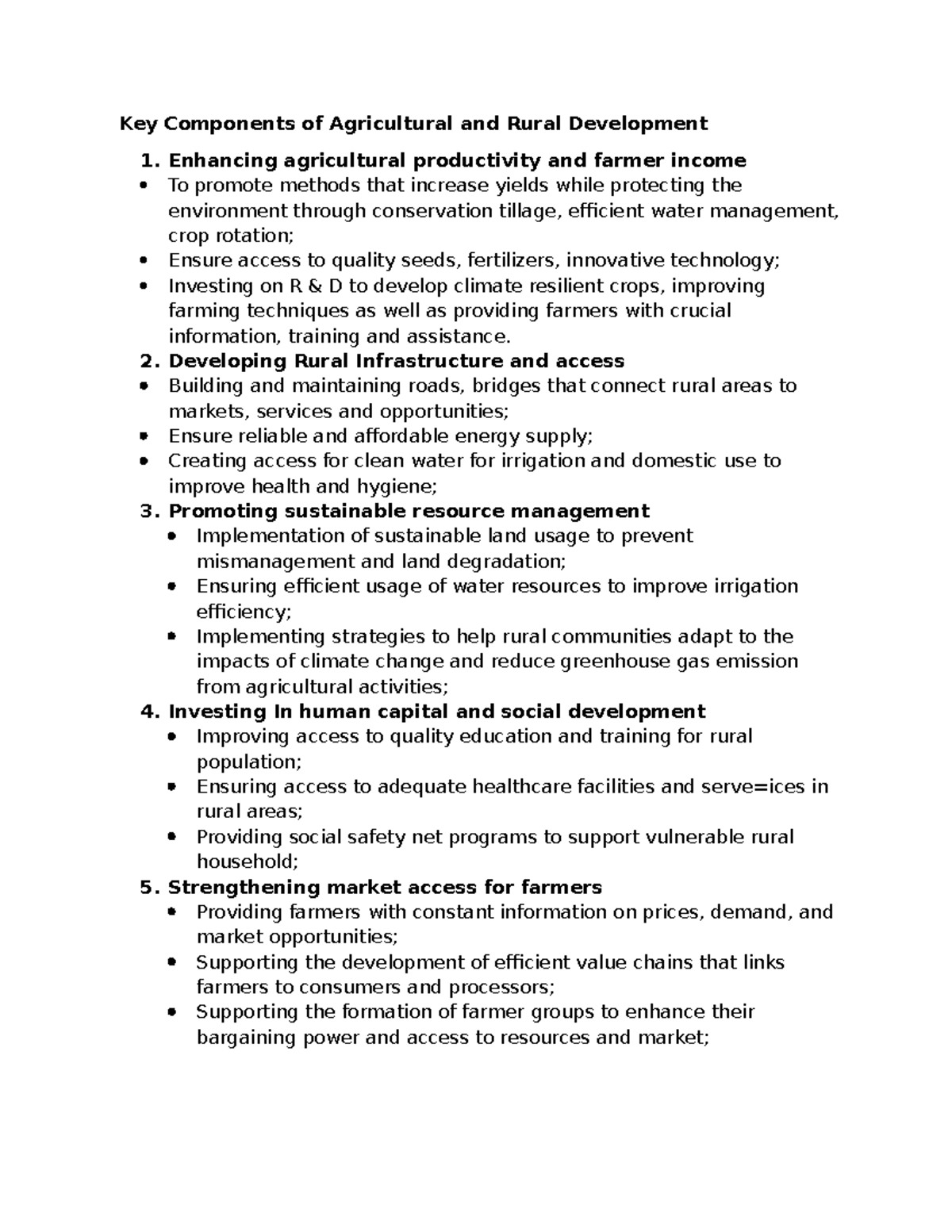 Key Components of Agricultural and Rural Development: Parts 3 & 4 - Studocu