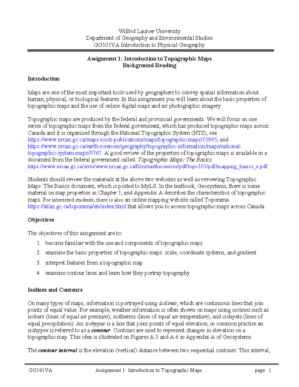 GG101VA Assignment 1: Understanding Topographic Maps and Their ...
