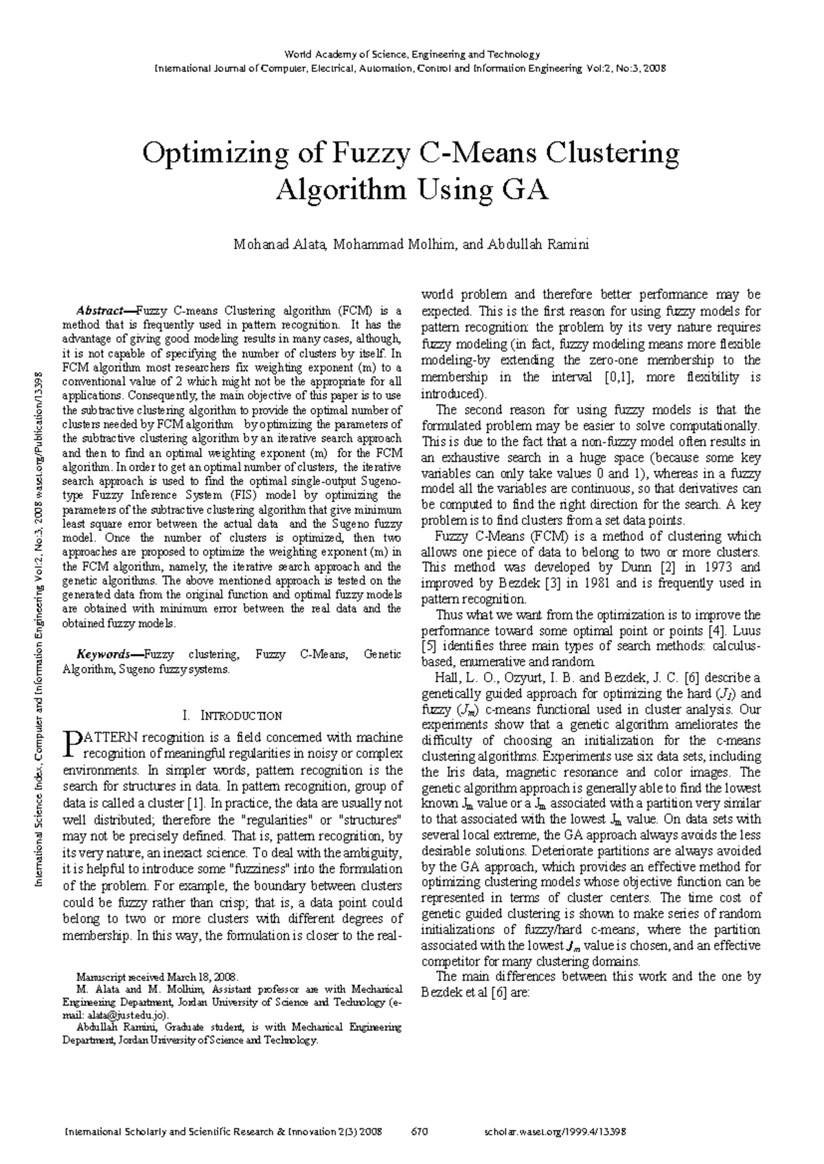 Optimizing of Fuzzy C Means Clustering Algorithm Using GA - Abstract ...