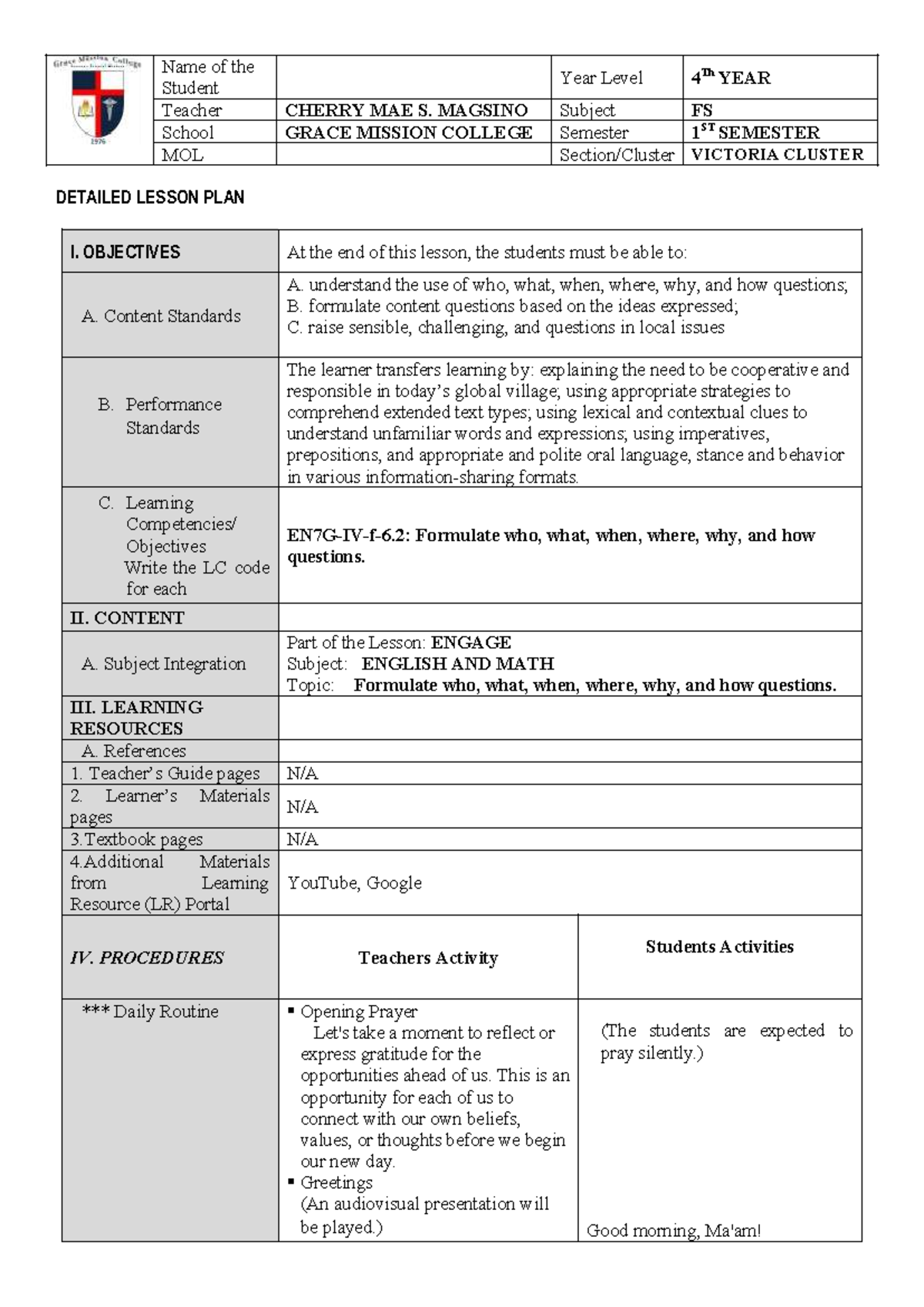 Detailed Final Lesson Plan (FS 4th Year) - Formulating WH Questions ...