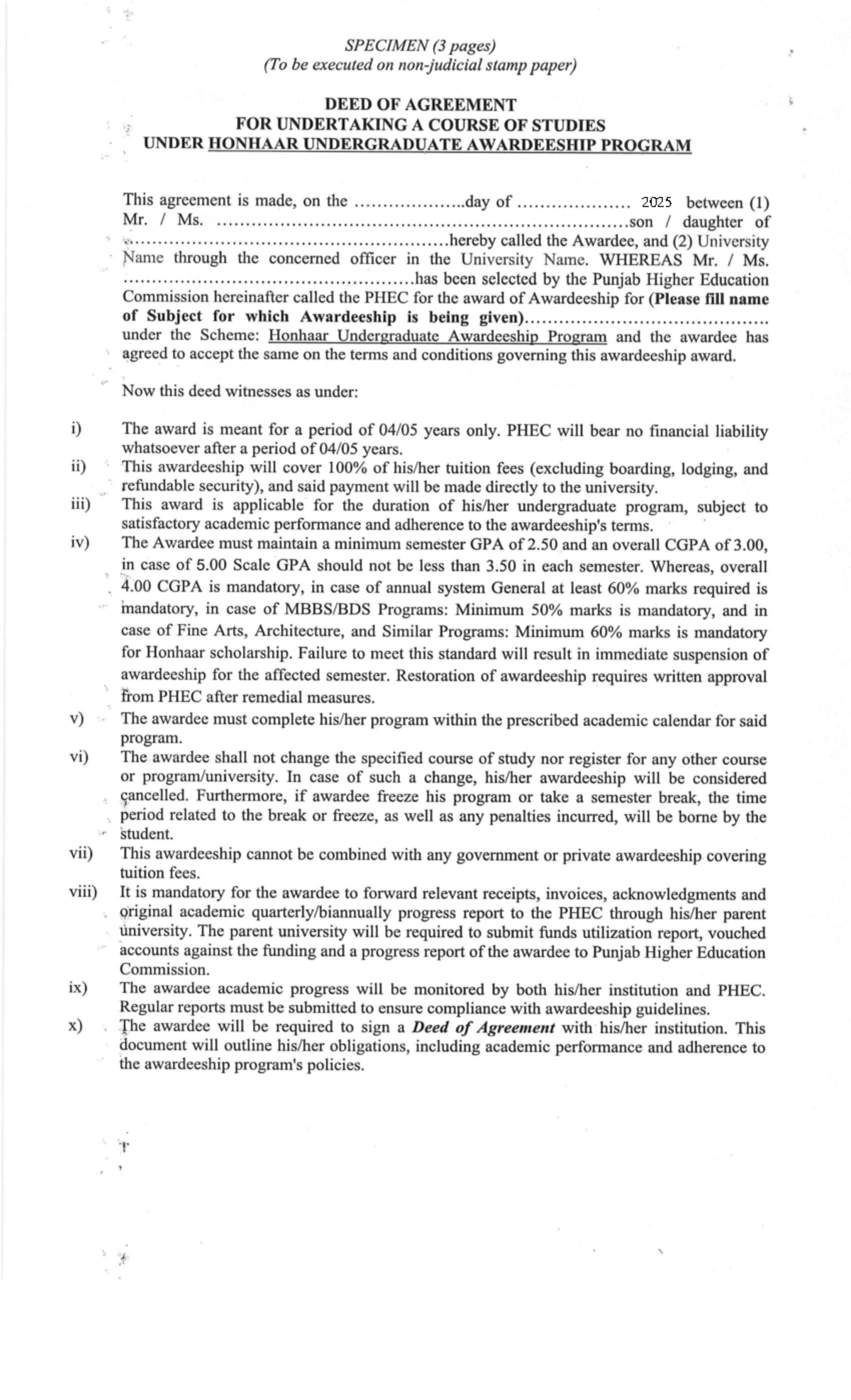 Deed of Agreement for Honhaar Undergraduate Awardeeship Program - Studocu