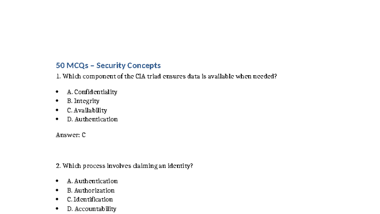50 MCQs on Security Concepts for Exam Preparation - Studocu