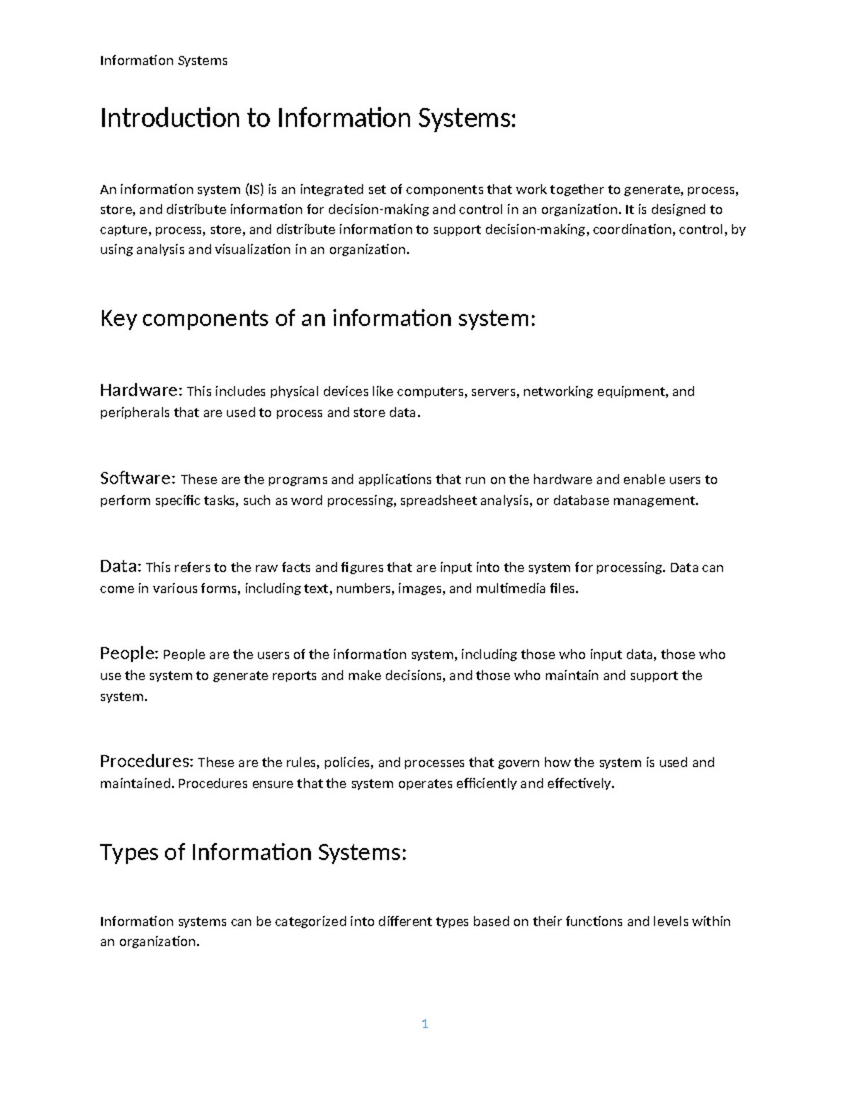 IS101: Intro to Information Systems - Key Components & Types - Studocu