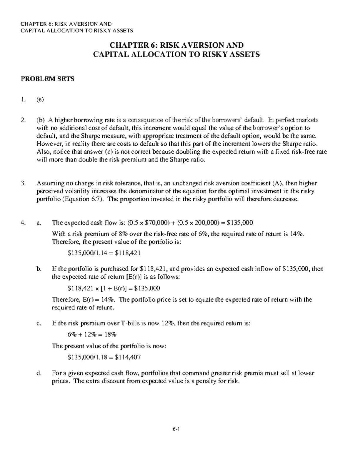 BKM9e-answers-Chap006 - CAPITAL ALLOCATION TO RISKY ASSETS CHAPTER 6 ...