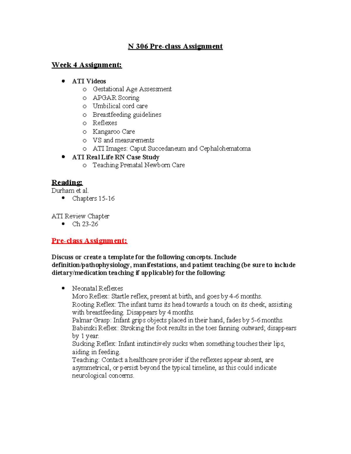 N306 Week 4 PCA-1: Neonatal Reflexes & Maternal Care Guidelines - Studocu