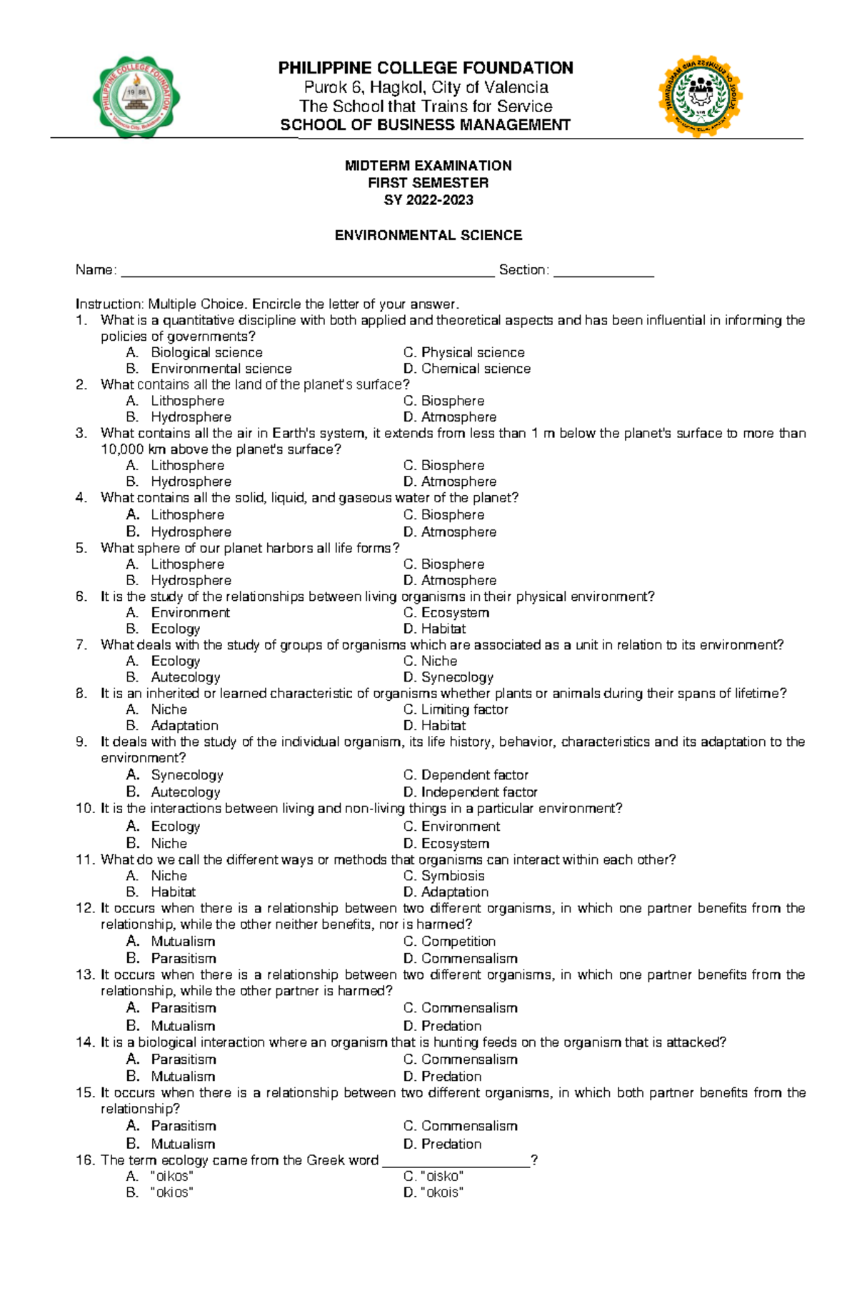 Midterm Exam - GEE 1 Environmental Science Questions & Answers - Studocu