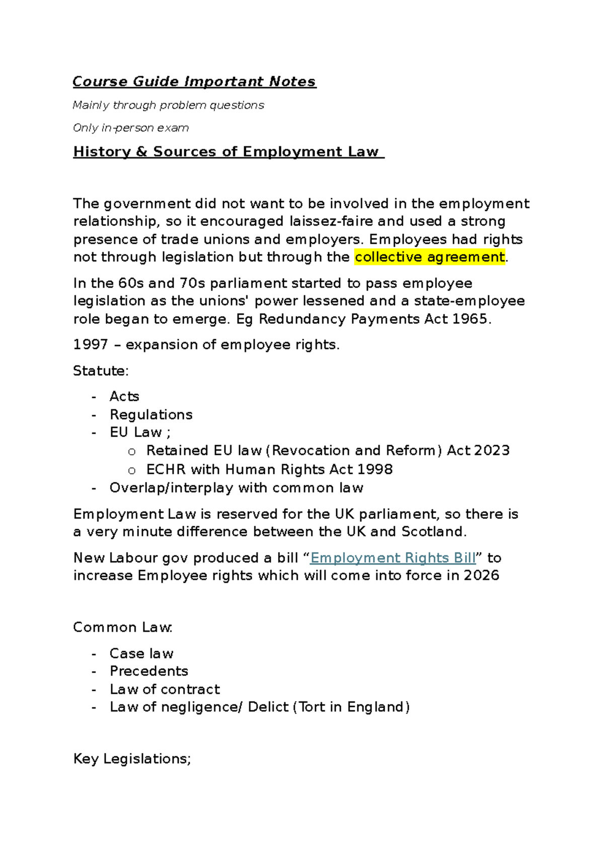 Lecture 1 - History & Sources of Employment Law (Course 16) Notes - Studocu