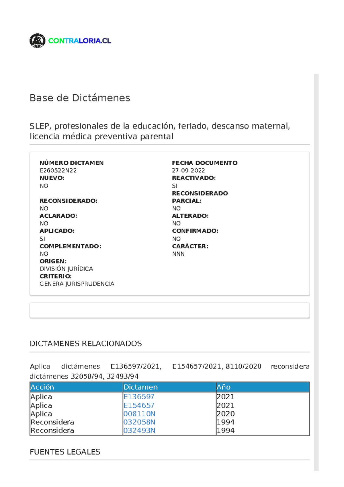 CGR - Dictamen E260522 N22: Feriado Distinto a Licencia Maternal - Document Preview