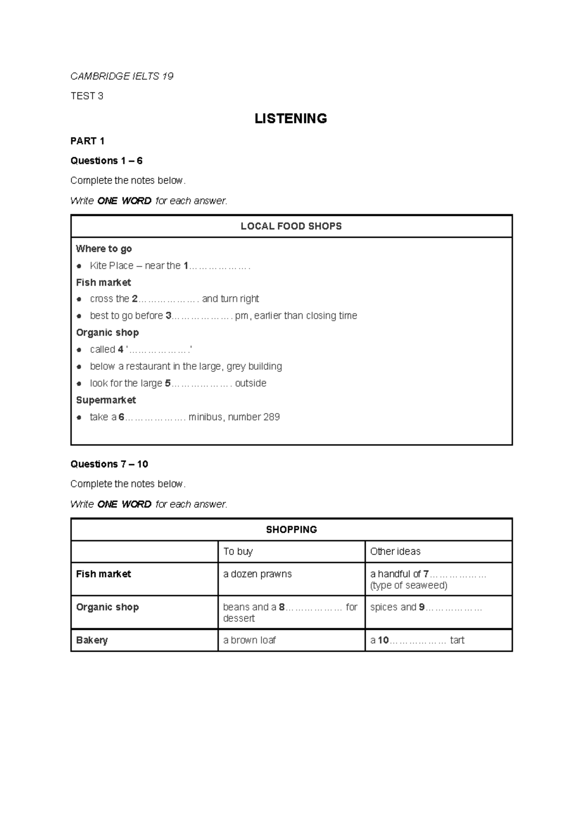 Cambridge IELTS 19 Test 3 Listening Part 1-3 Notes and Questions - Studocu