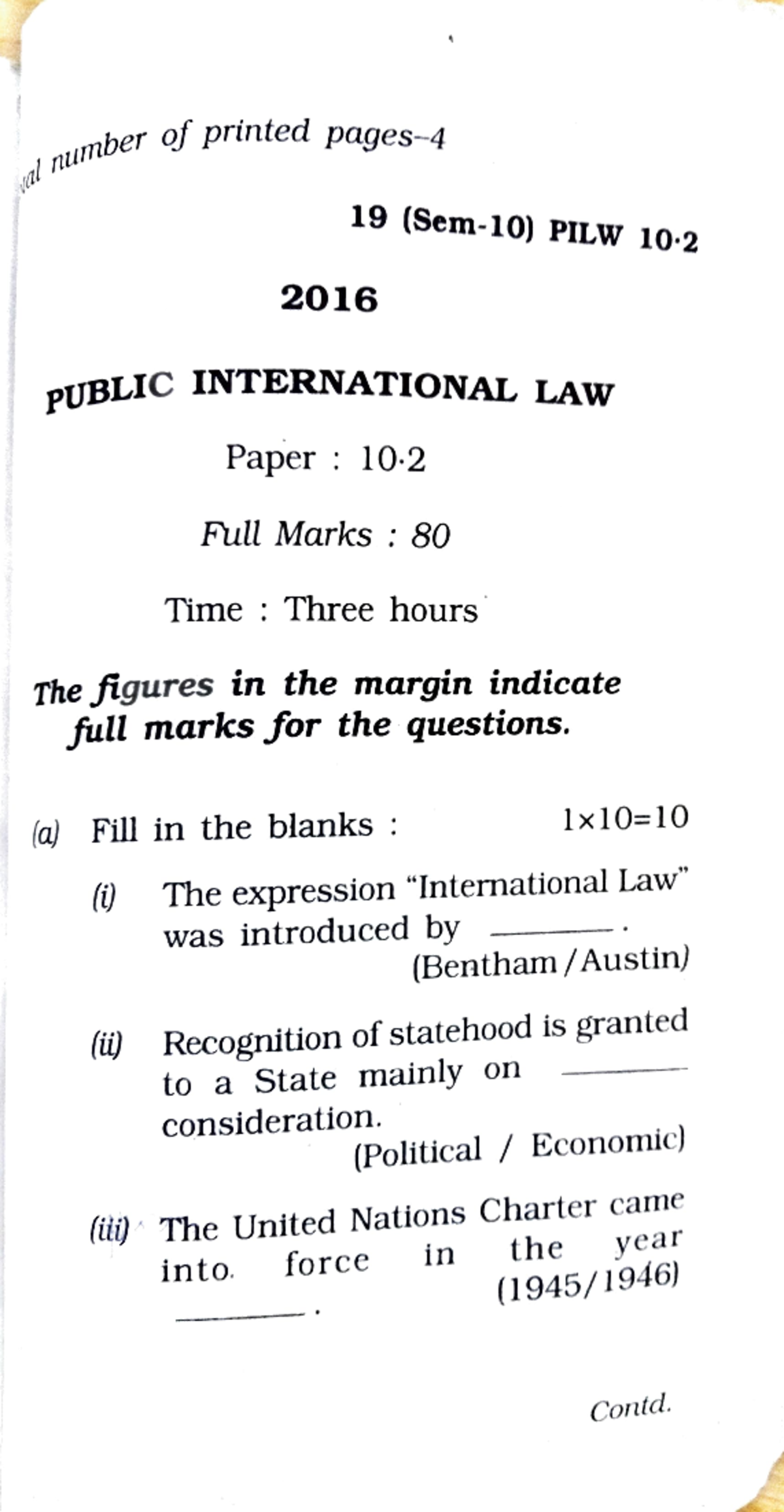 PIL BA.LLB (H) - Sem-10 Public International Law Question Paper 2016 ...