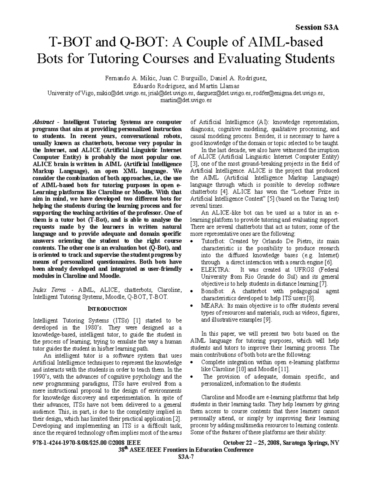 Session S3A: AI Bots for Tutoring and Student Evaluation in eLearning ...
