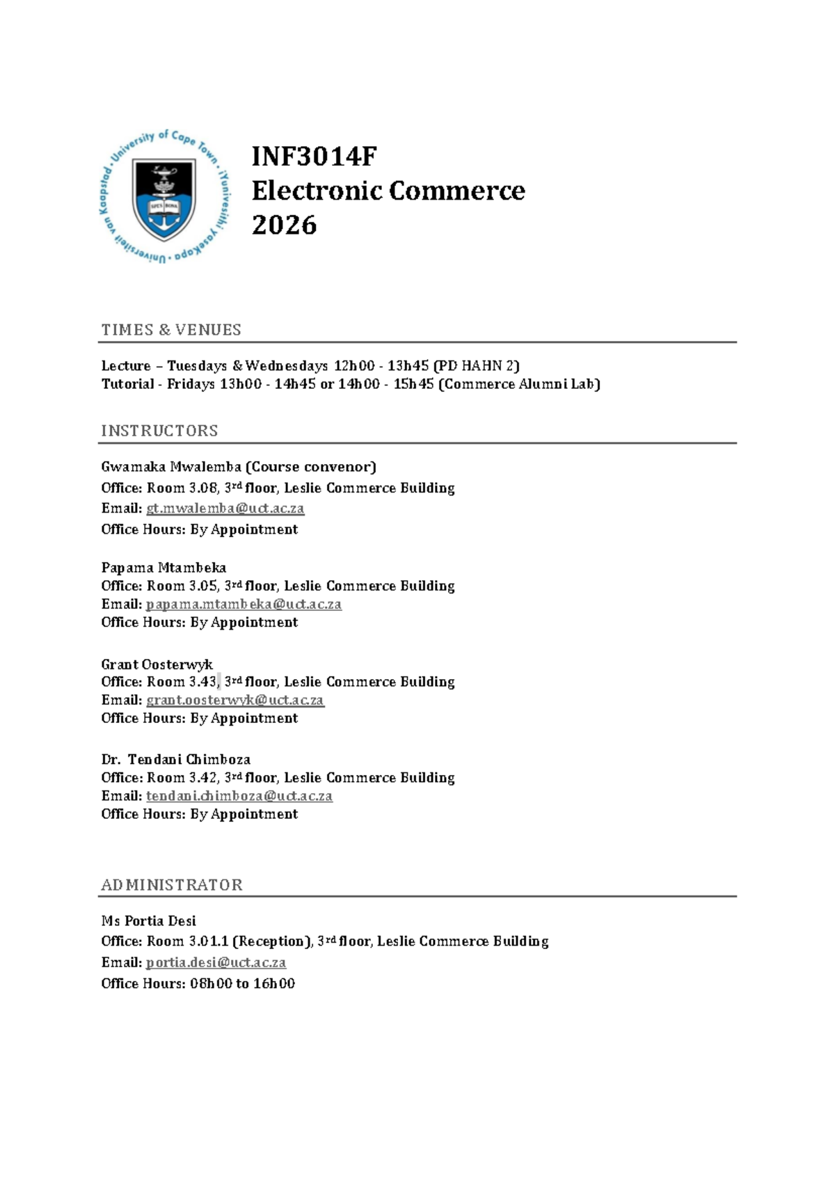 INF3014F 2026 Electronic Commerce Course Outline and Schedule - Studocu