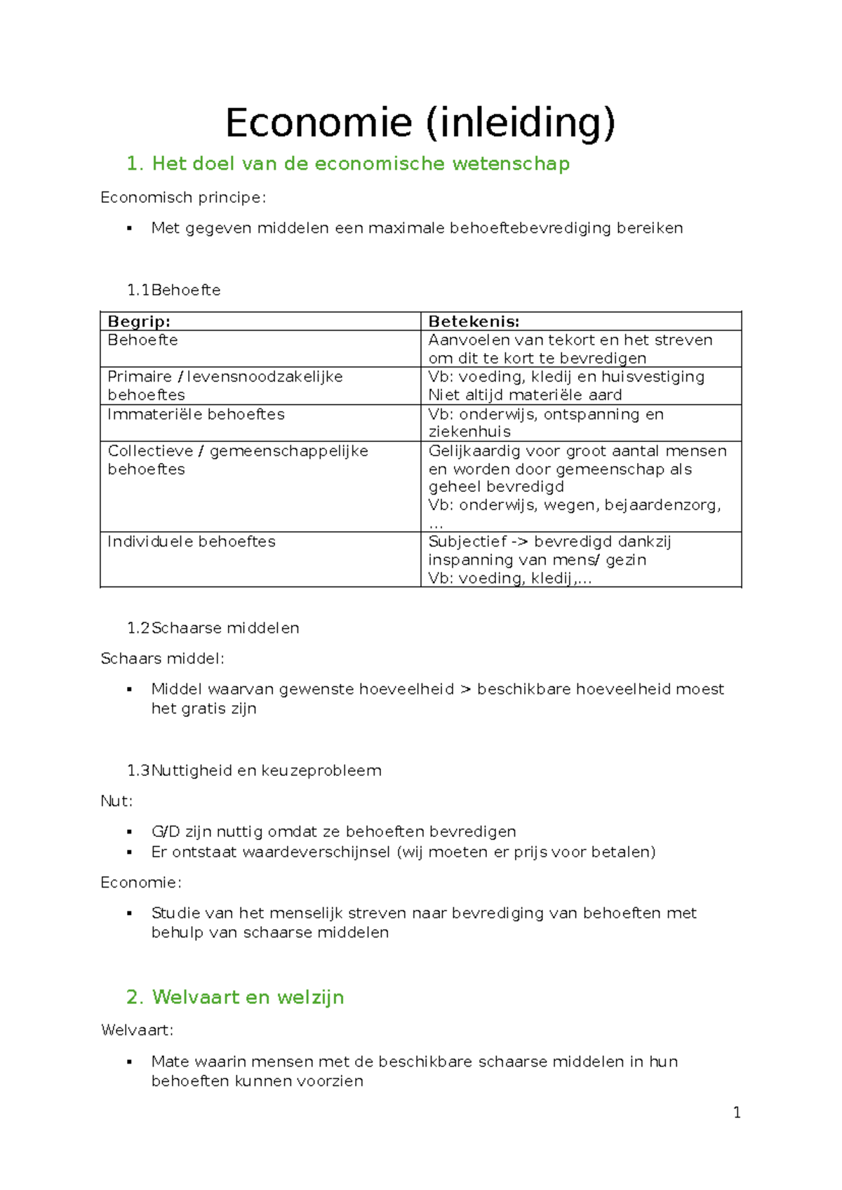 Economie Inleiding - Economie (inleiding) 1. Het doel van de ...