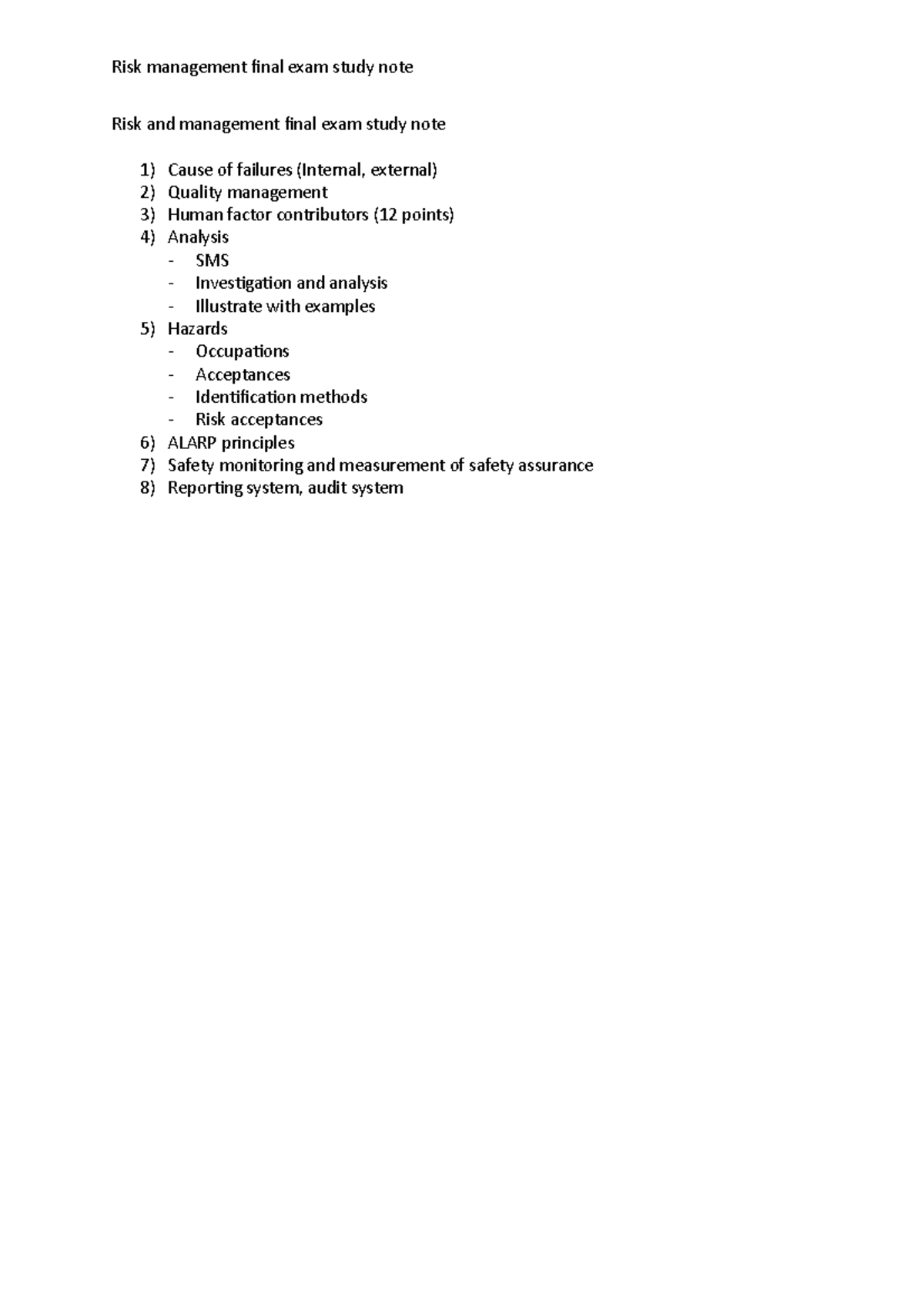 Risk and Management final exam study note - Risk and management final ...