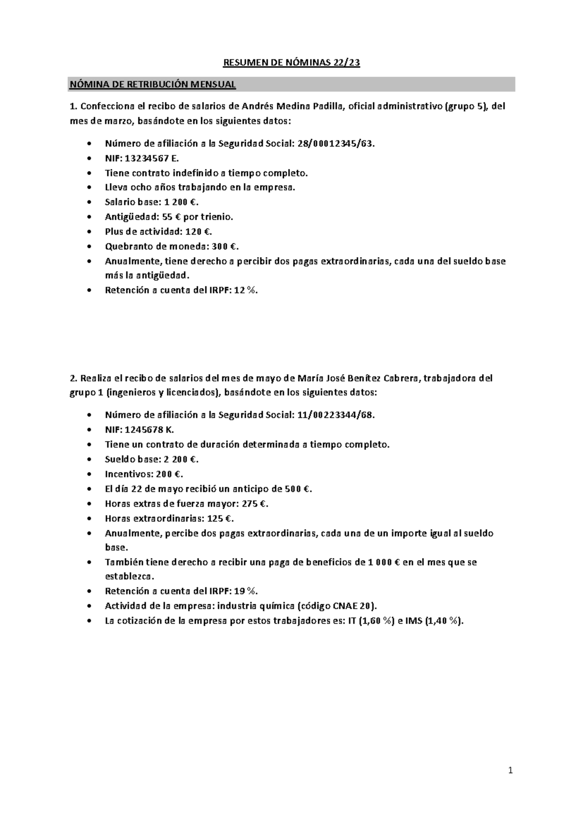 Ejercicios de Nóminas: Retribuciones Mensuales y Recibos 22/2023 - Studocu