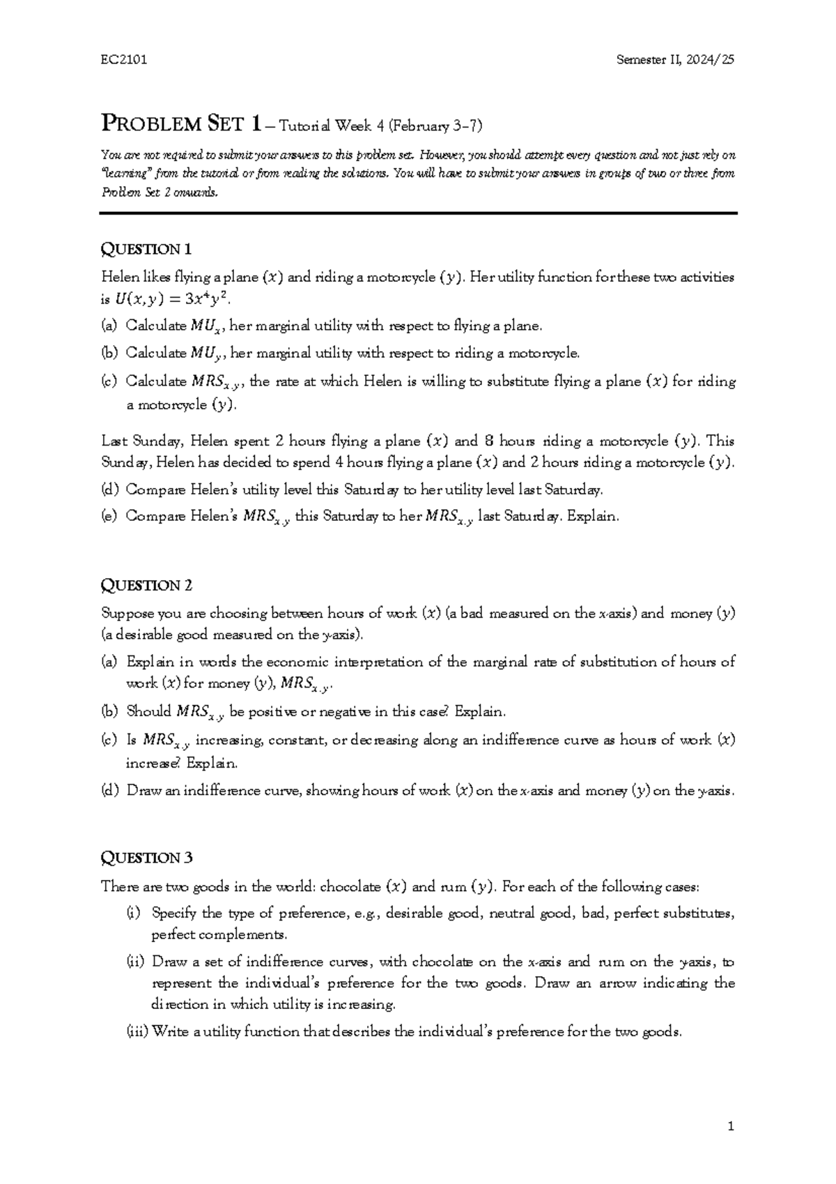 Problem+Set+1 - Tutorial Questions - EC2101 Semester II, 20 24 /2 5 1 ...