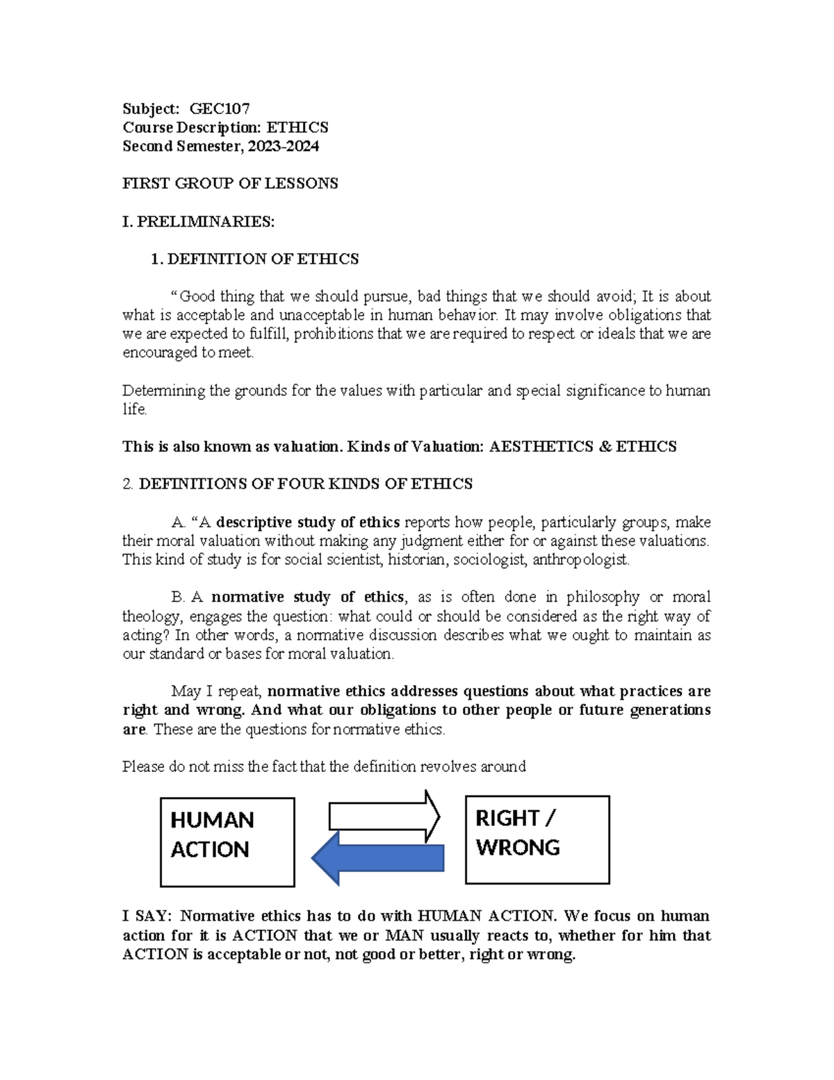 Ethics- Midterms- Lesson 1 - Subject: GEC Course Description: ETHICS ...