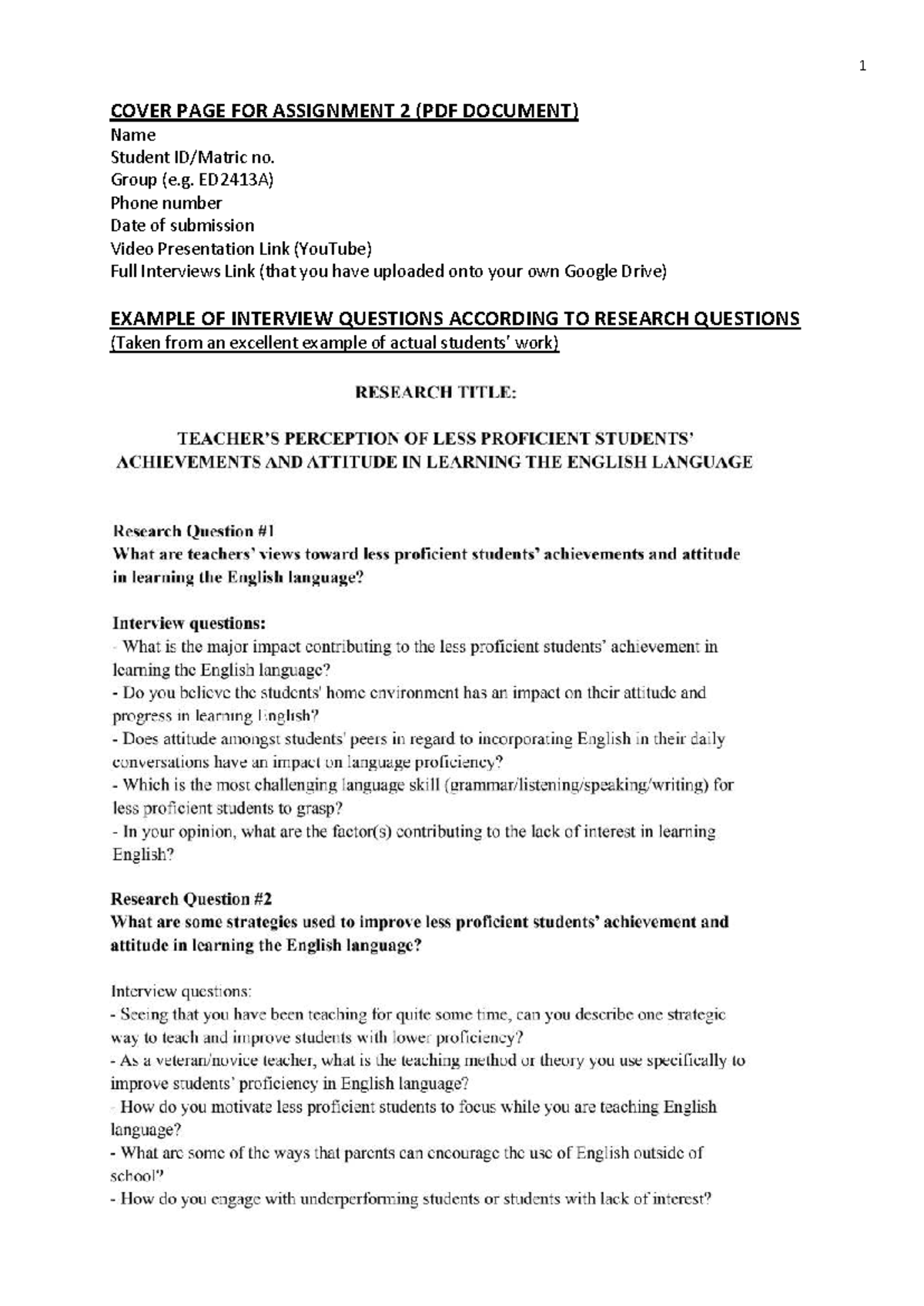 EDU550 Assignment 2 Cover PAGE, Sample Interview Trancript & Thematic ...
