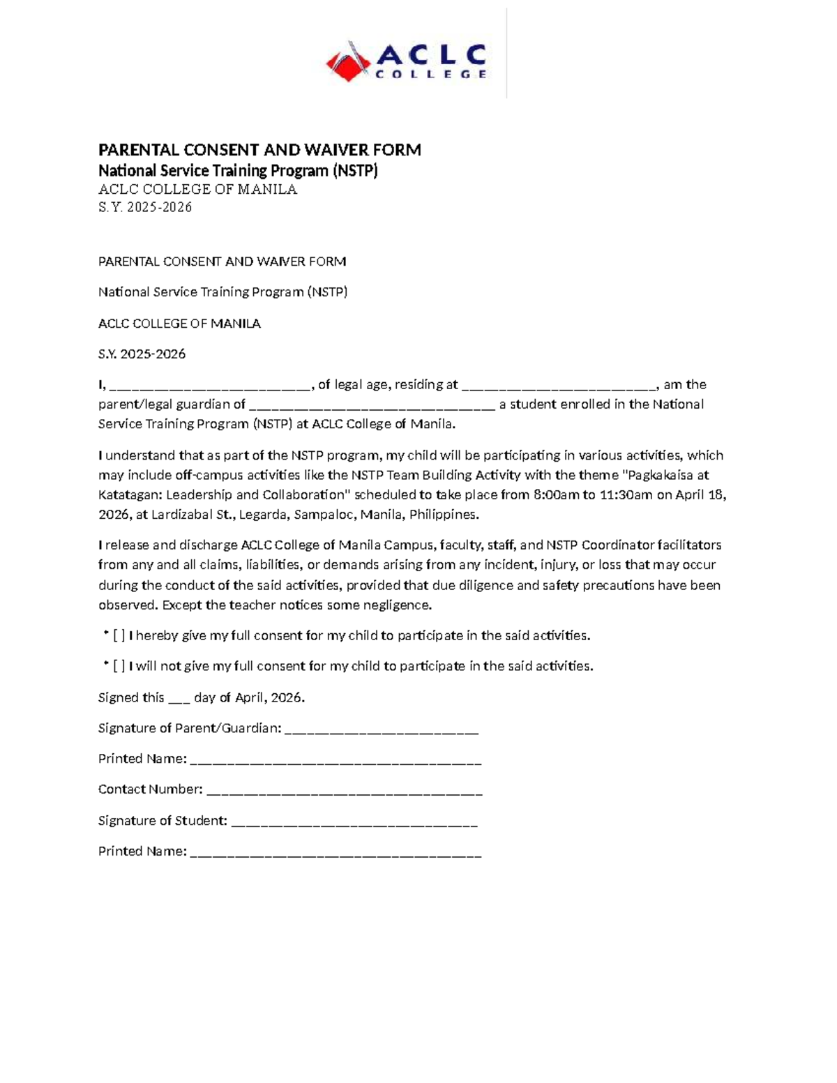NSTP Parental Consent & Waiver Form for Activities at ACLC - Studocu