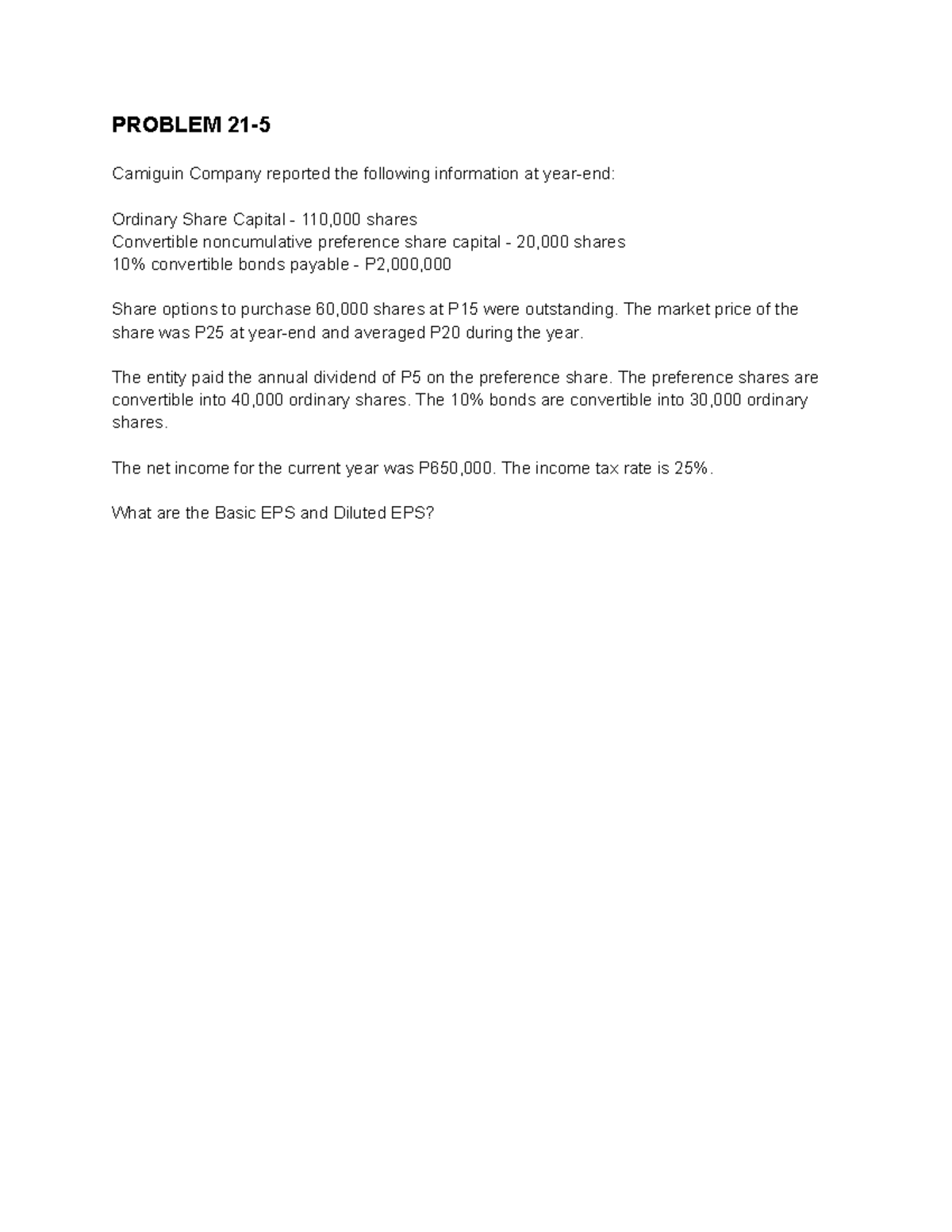 Diluted EPS Problems - ACCT 101: Valix Study Guide - Studocu