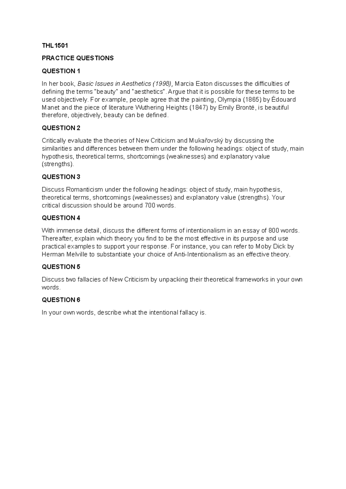 THL1501 Practice Questions: Aesthetic Theories & Criticism Analysis ...
