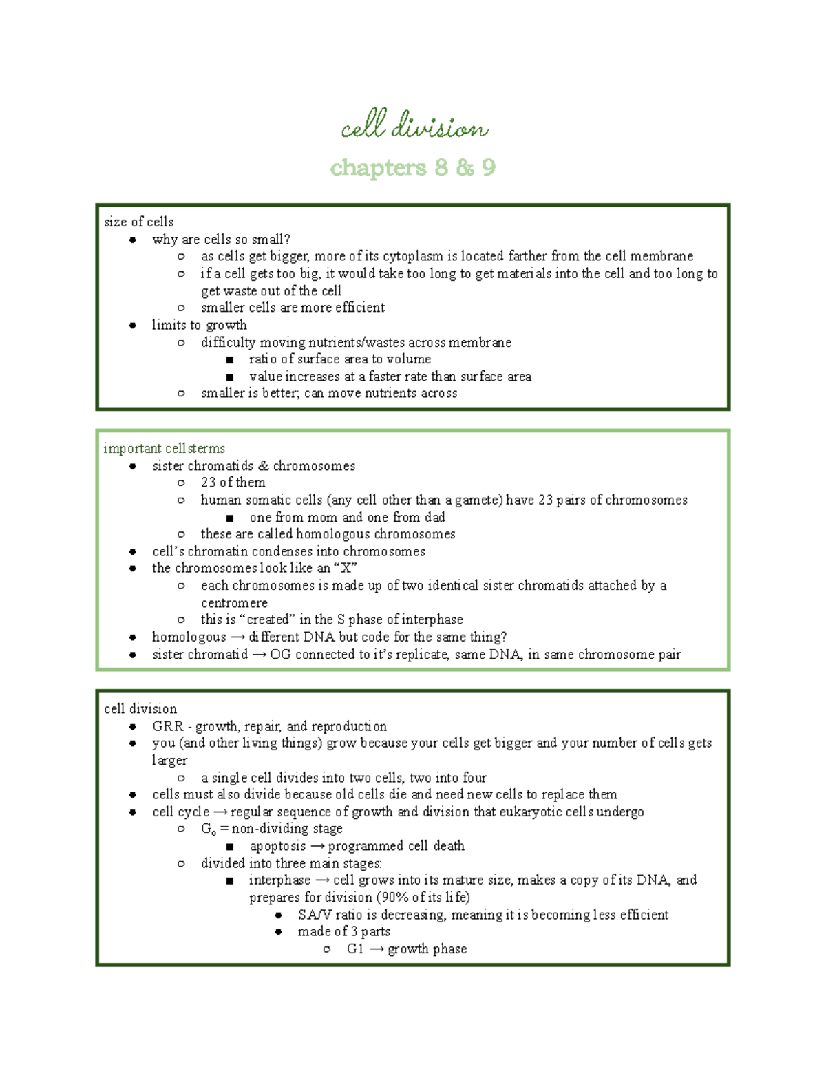 Cell Division Notes (Chapter 8 & 9) for Biology 101 - Studocu