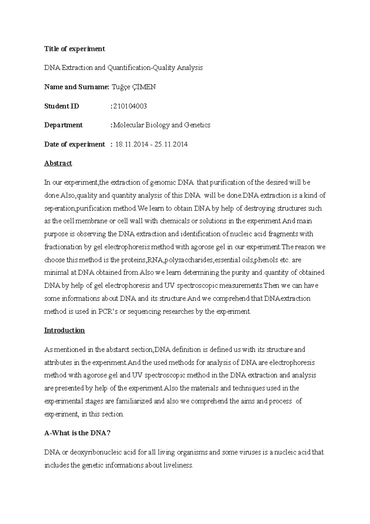 DNA Extraction and Quantification Lab Report - MBG 210104003 - Studocu
