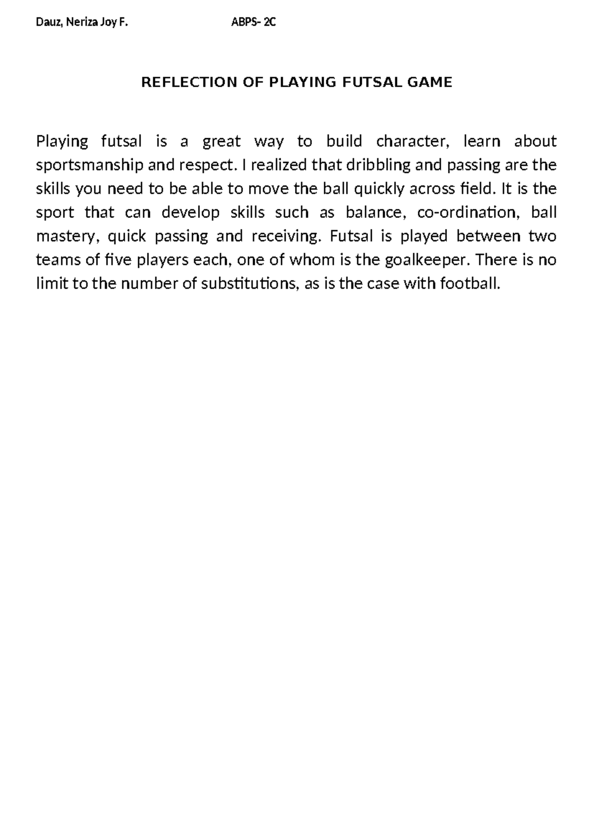 PE- Reflection - Dauz, Neriza Joy F. ABPS- 2C REFLECTION OF PLAYING ...