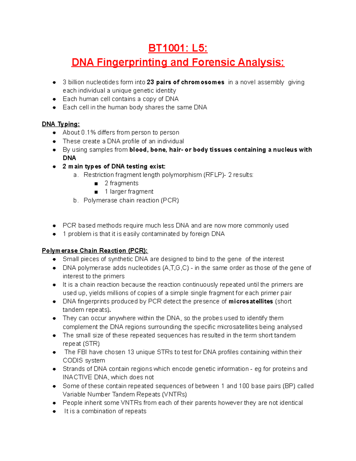 BT1001 L5 - DNA Fingerprinting & Forensic Analysis Lecture Notes - Studocu