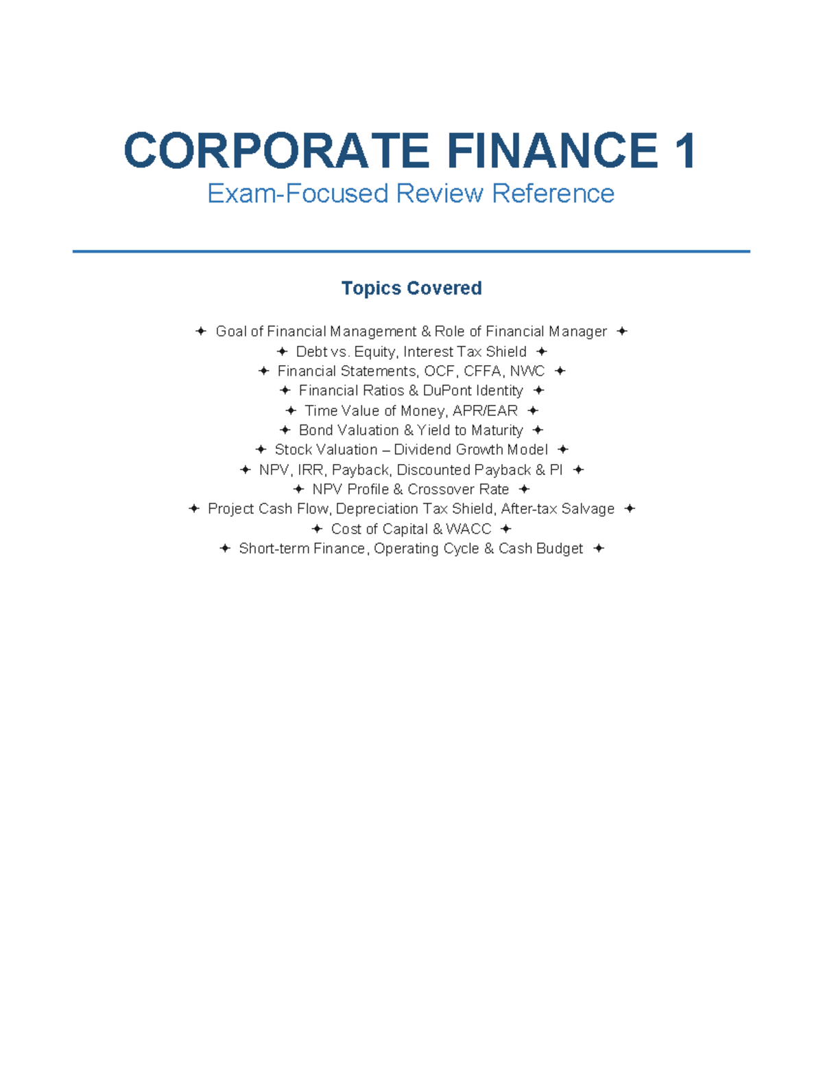 Corporate Finance 1 Final Exam Review: Key Concepts & Formulas - Studocu