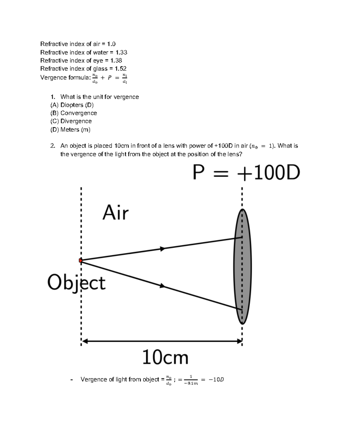 Optics Exam Questions and Solutions: Vergence, Lens Power, and Image ...