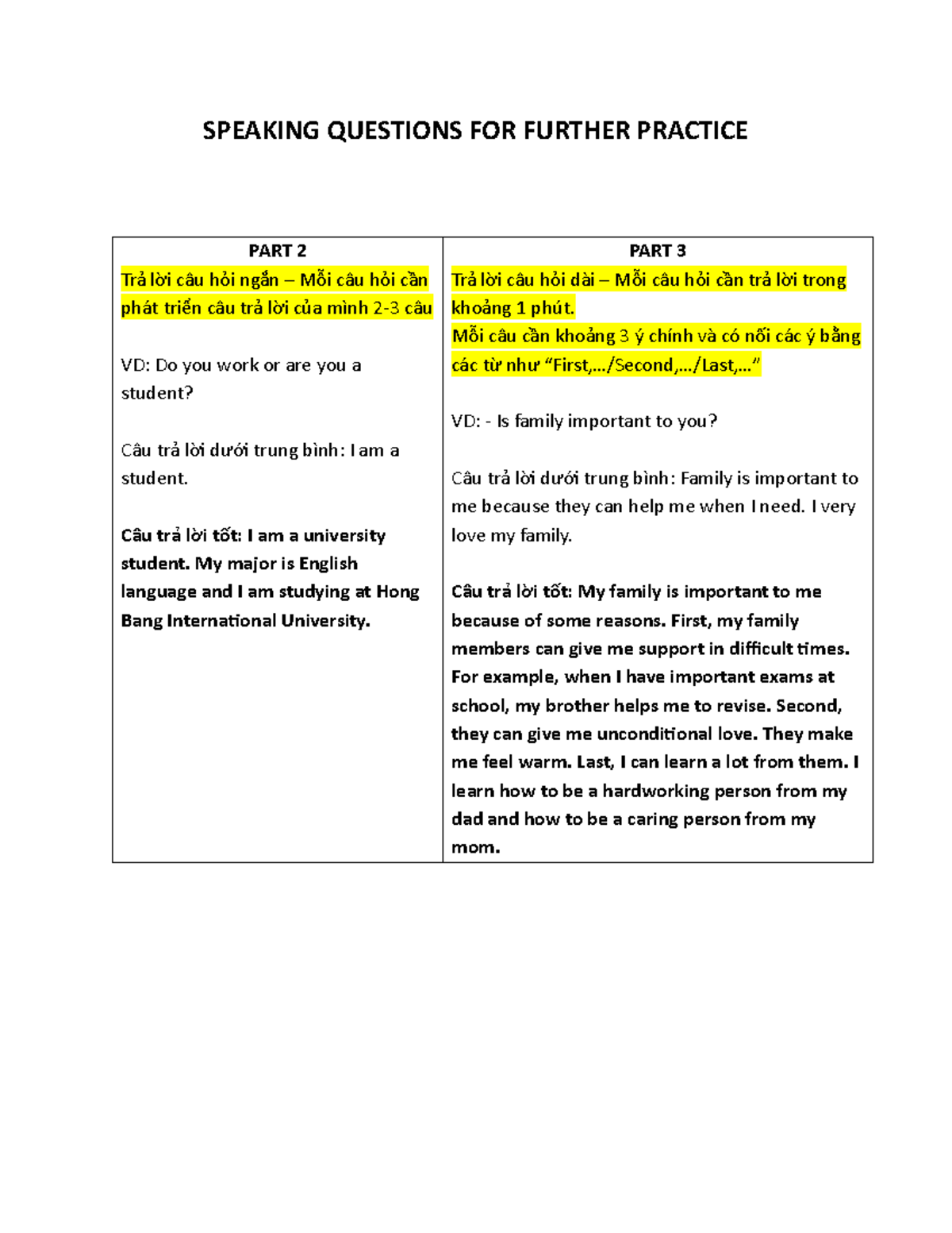 SPEAKING QUESTIONS PRACTICE FOR EXAM - PART 2 & 3 - Studocu