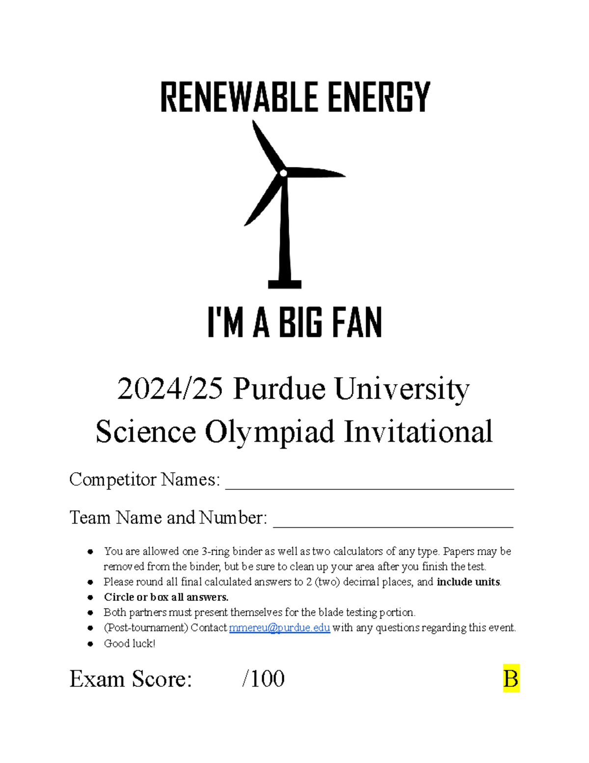 FINAL 2025 Wind Power B Exam - Purdue University Science Olympiad Guide ...