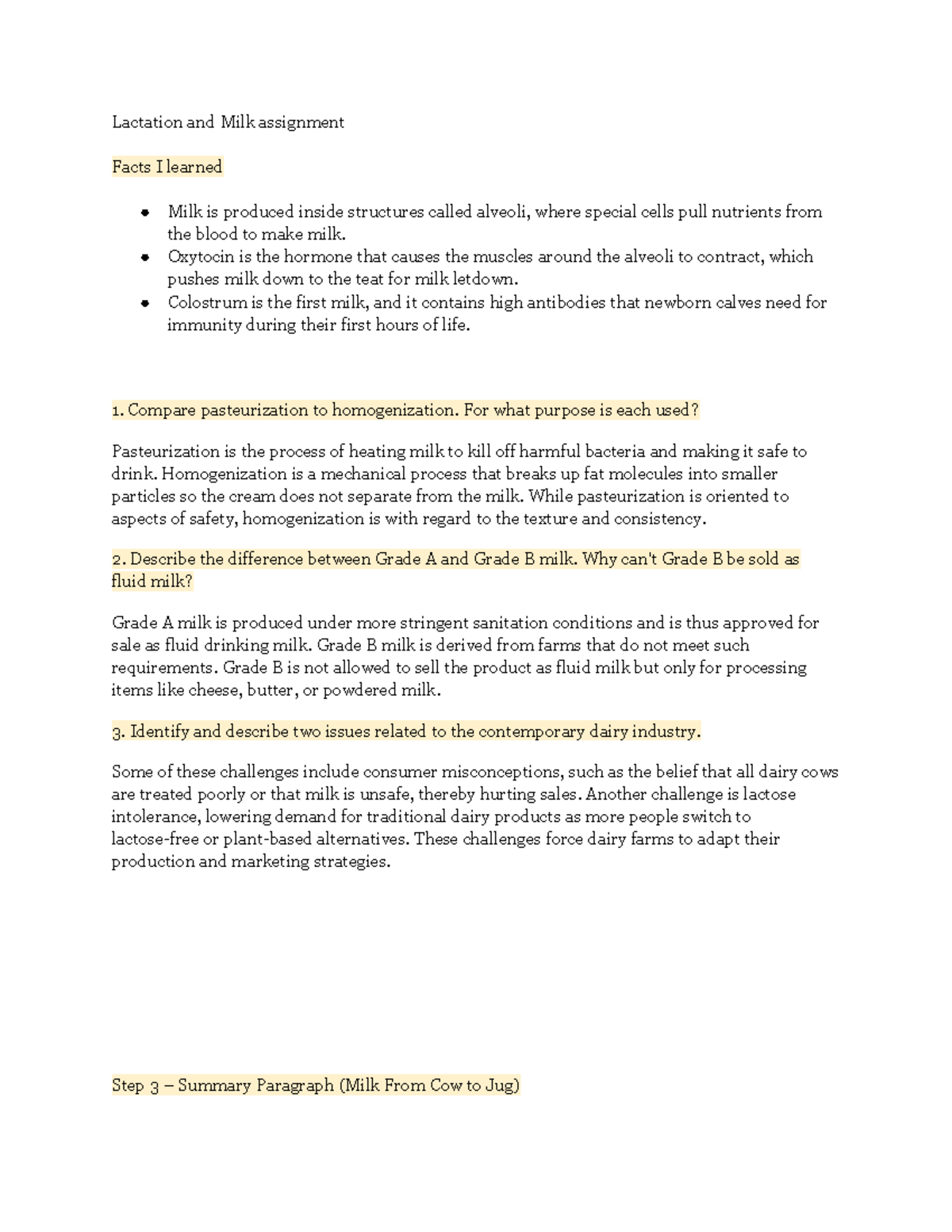 Lactation and Milk Assignment: Key Facts and Industry Insights - Studocu
