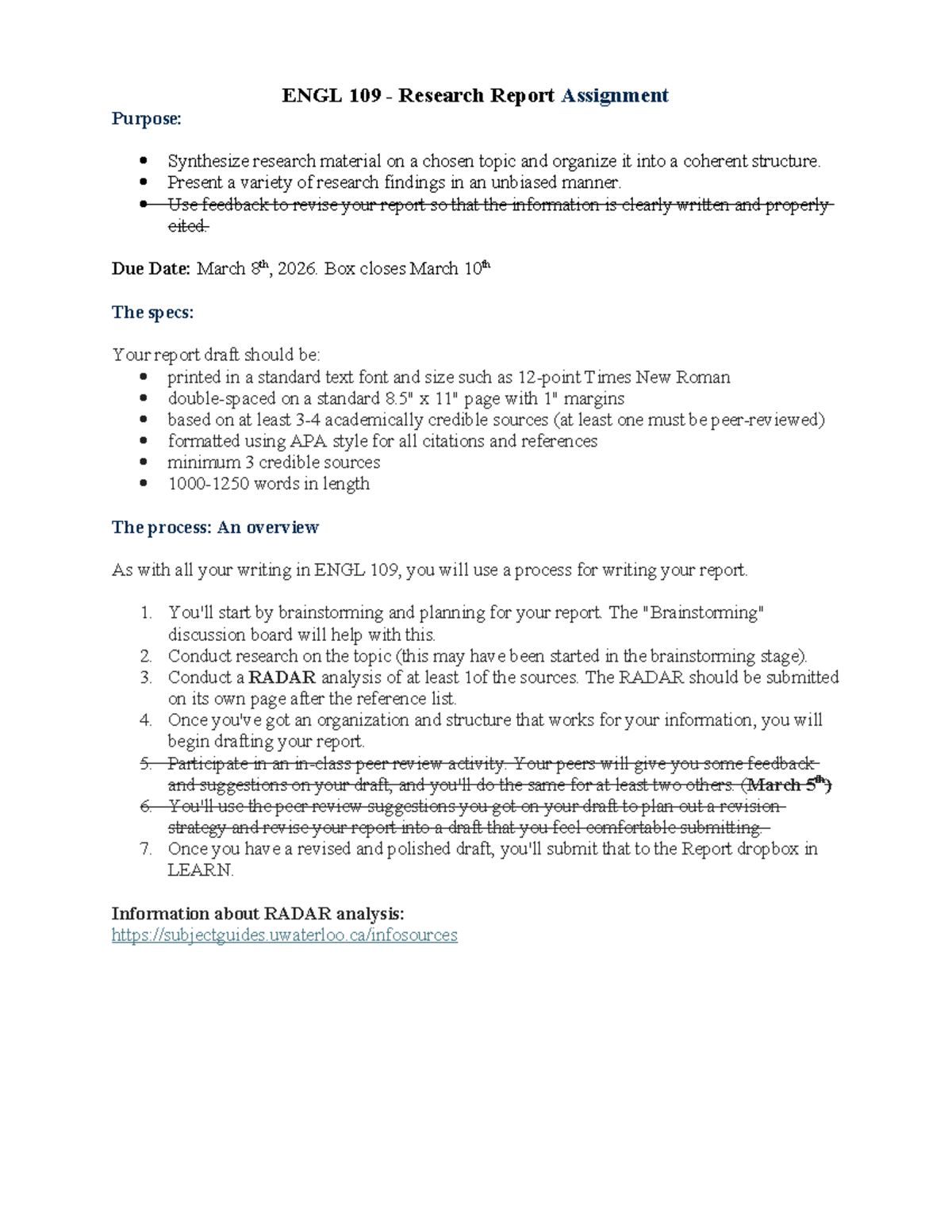 ENGL 109 Research Report Assignment: Synthesis & Revision Guide - Studocu
